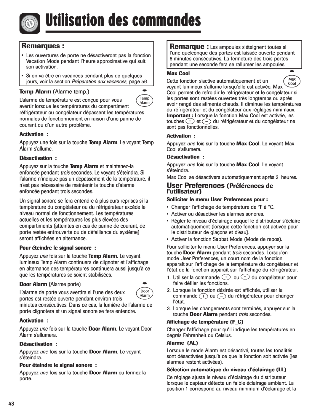 Maytag MFI2266AEW User Preferences Préférences de, Utilisation des commandes, Remarques, l’utilisateur 