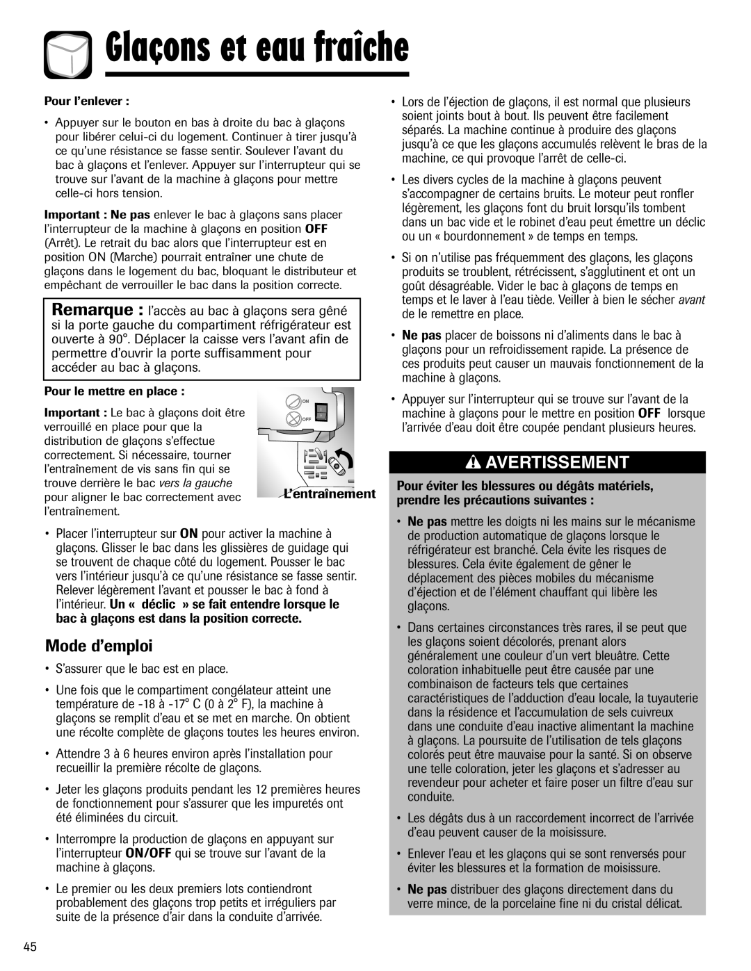 Maytag MFI2266AEW important safety instructions Mode d’emploi, Glaçons et eau fraîche, Avertissement 