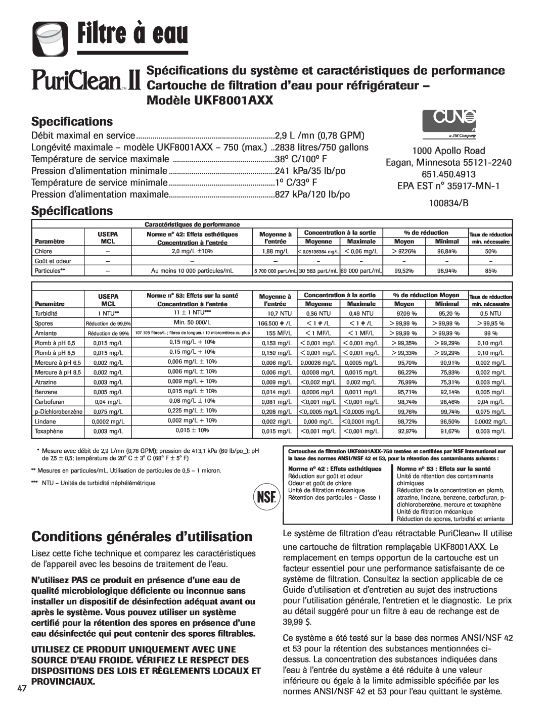Maytag MFI2266AEW Conditions générales d’utilisation, Modèle UKF8001AXX, Spécifications, Filtre à eau, Specifications 