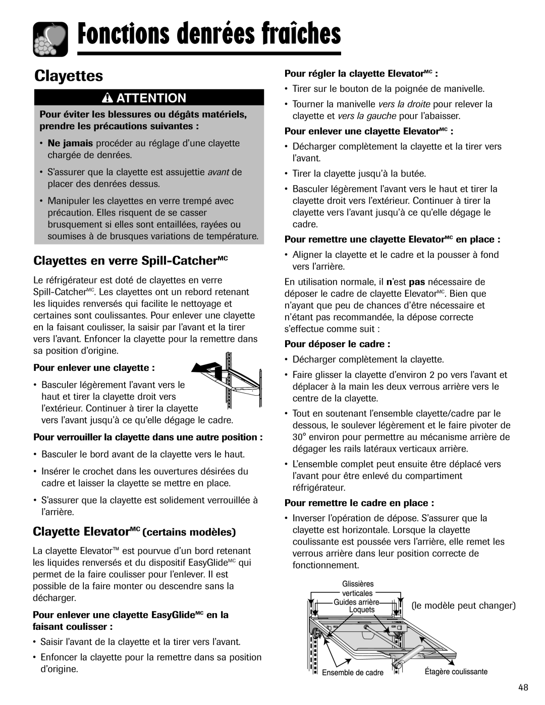 Maytag MFI2266AEW important safety instructions Fonctions denrées fraîches, Clayettes en verre Spill-CatcherMC 
