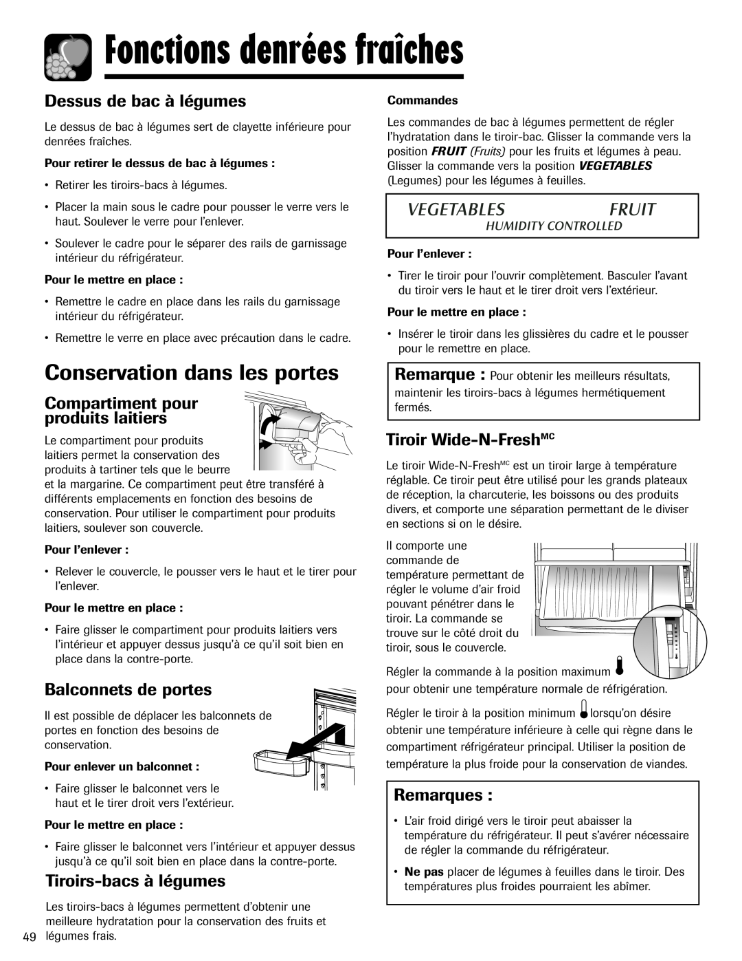 Maytag MFI2266AEW Conservation dans les portes, Dessus de bac à légumes, Compartiment pour produits laitiers, Remarques 