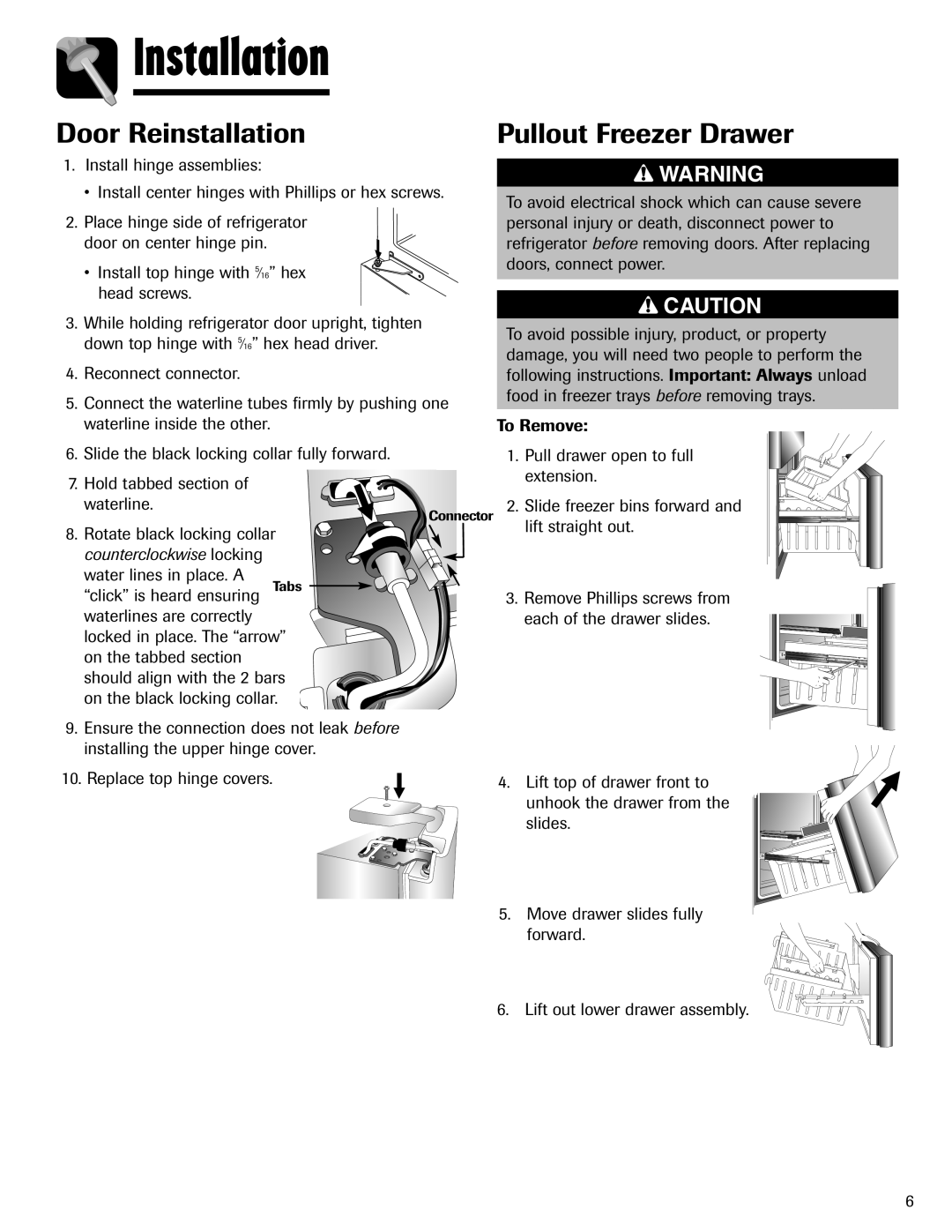 Maytag MFI2266AEW important safety instructions Door Reinstallation, Pullout Freezer Drawer, Installation 