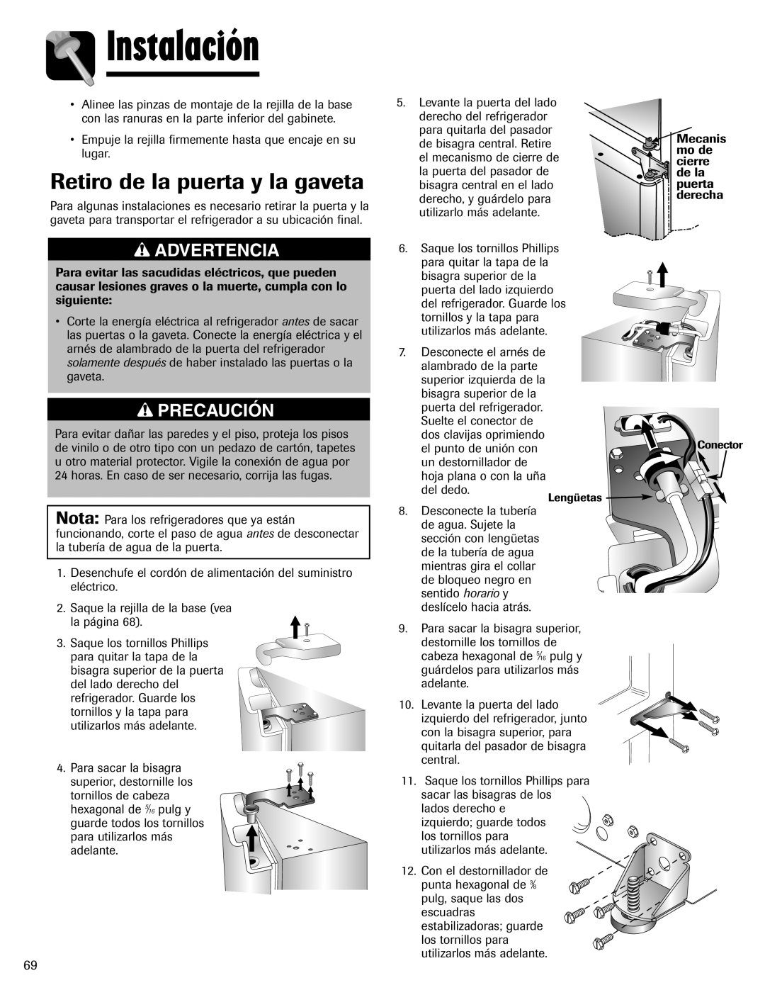 Maytag MFI2266AEW important safety instructions Retiro de la puerta y la gaveta, Instalación, Advertencia, Precaución 