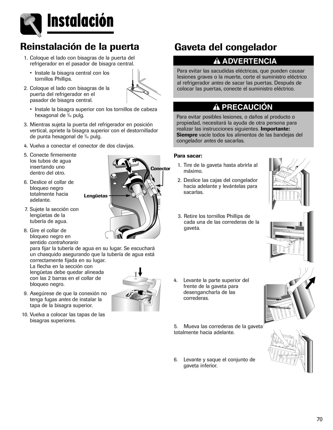 Maytag MFI2266AEW Reinstalación de la puerta, Gaveta del congelador, Instalación, Advertencia, Precaución 