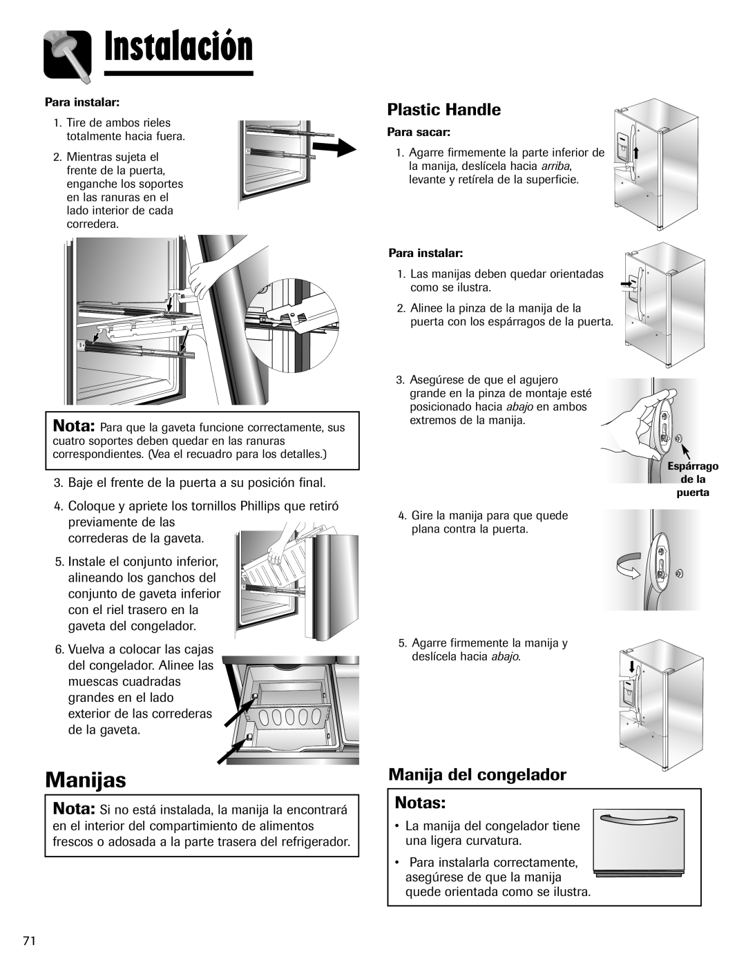 Maytag MFI2266AEW important safety instructions Manijas, Manija del congelador Notas, Instalación, Plastic Handle 