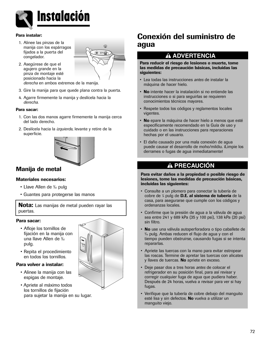 Maytag MFI2266AEW Conexión del suministro de agua, Manija de metal, Instalación, Advertencia, Precaución 