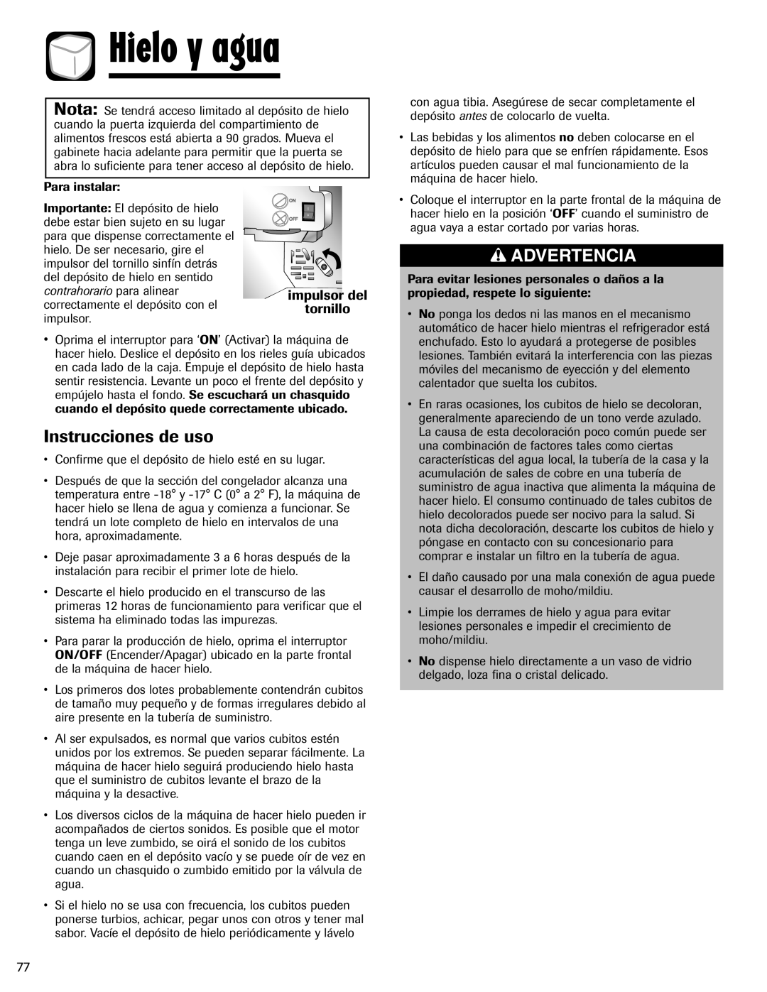 Maytag MFI2266AEW important safety instructions Instrucciones de uso, Hielo y agua, Advertencia, impulsor del tornillo 