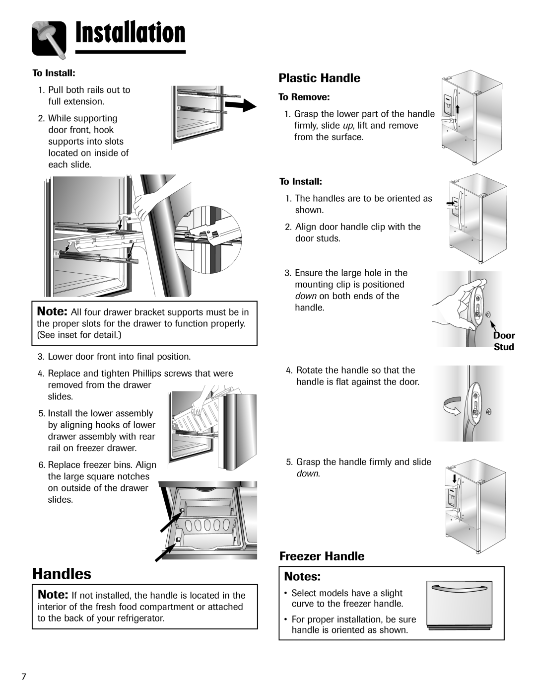 Maytag MFI2266AEW important safety instructions Handles, Plastic Handle, Freezer Handle, Installation 