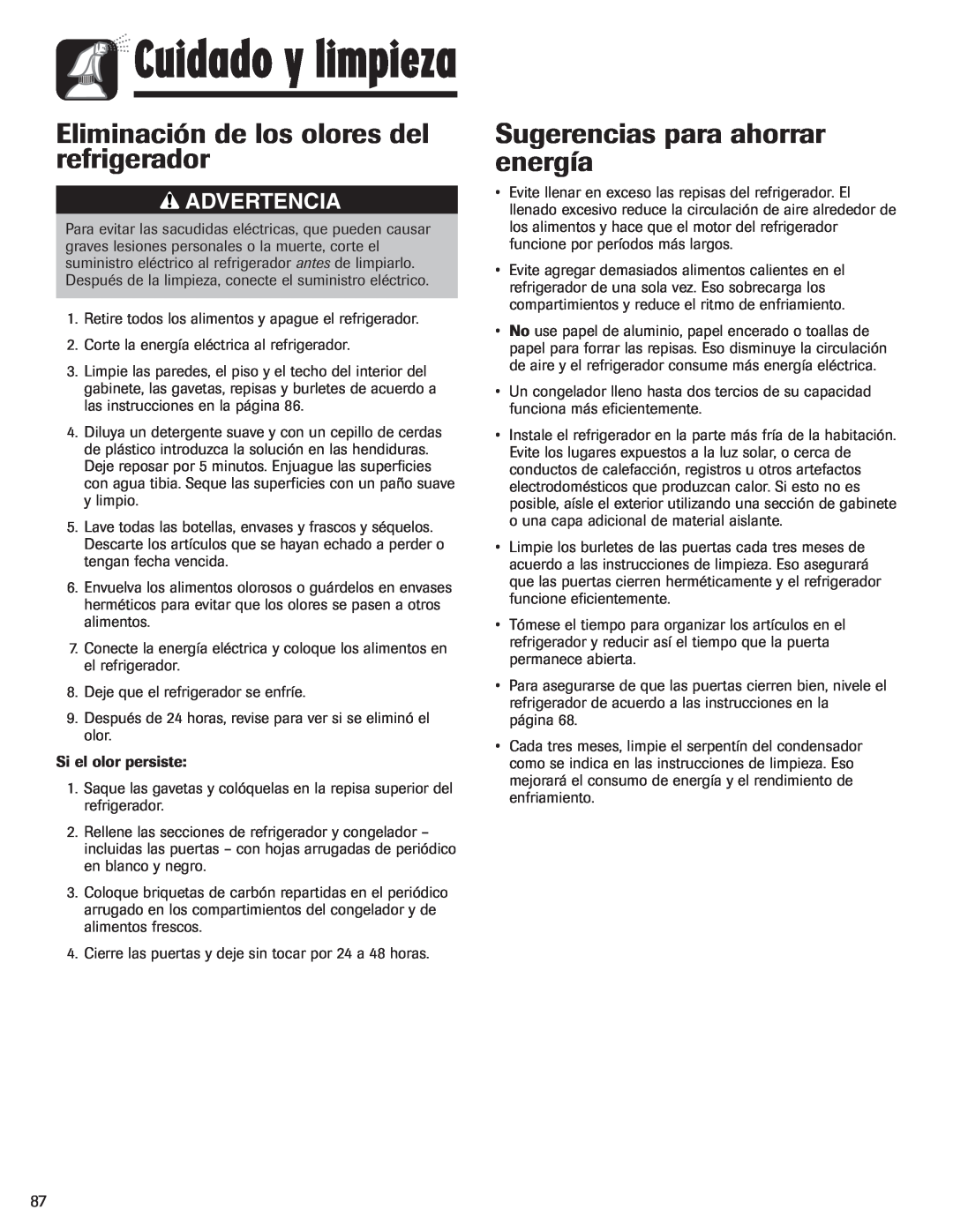 Maytag MFI2266AEW Eliminación de los olores del refrigerador, Sugerencias para ahorrar energía, Cuidado y limpieza 