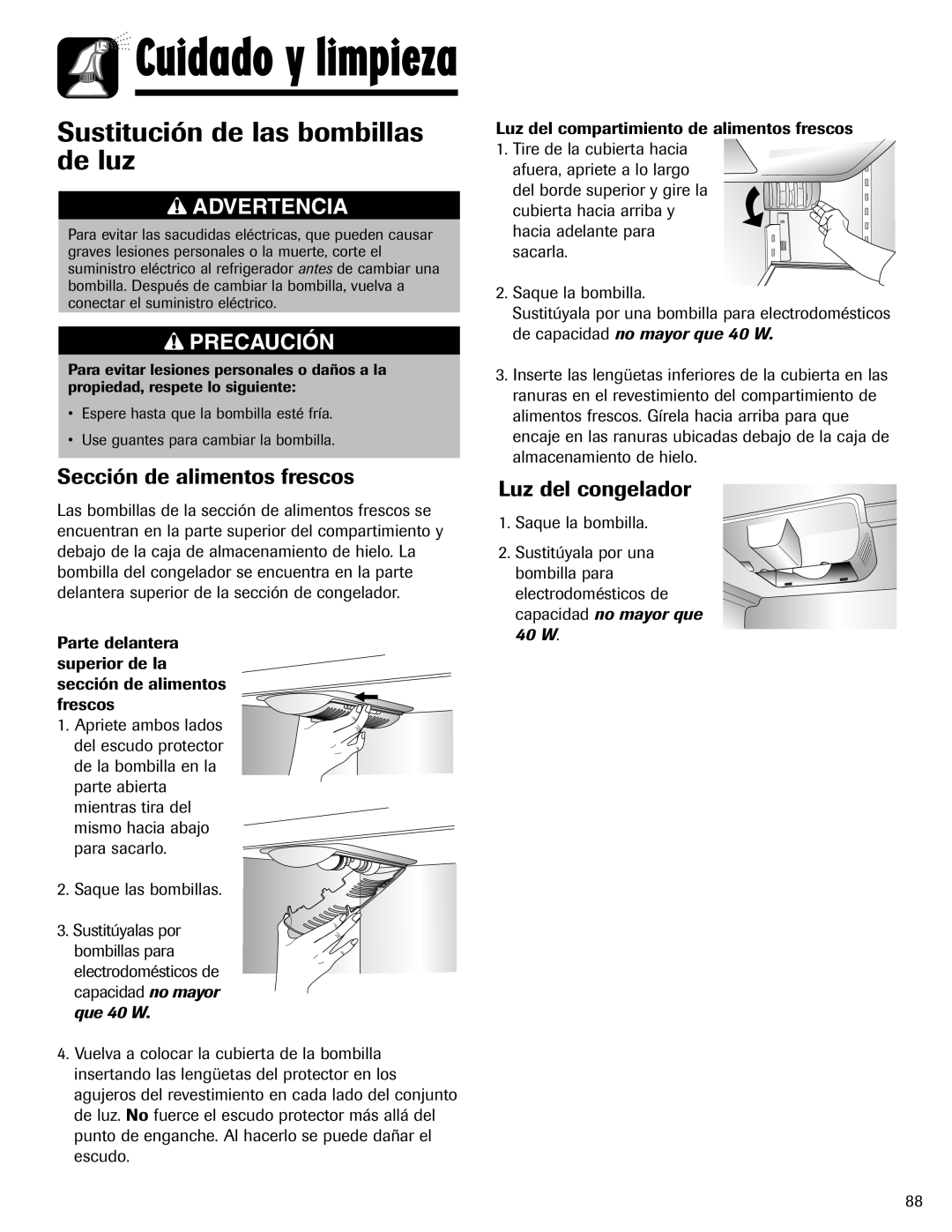 Maytag MFI2266AEW Sustitución de las bombillas de luz, Sección de alimentos frescos, Luz del congelador, Advertencia 