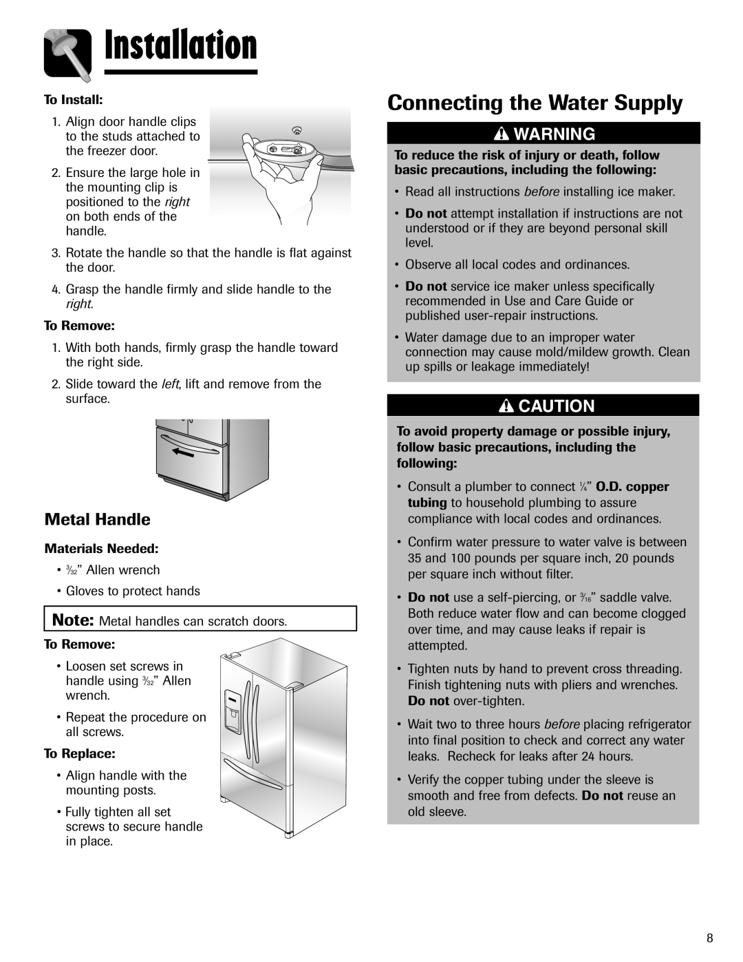 Maytag MFI2266AEW important safety instructions Connecting the Water Supply, Metal Handle, Installation 