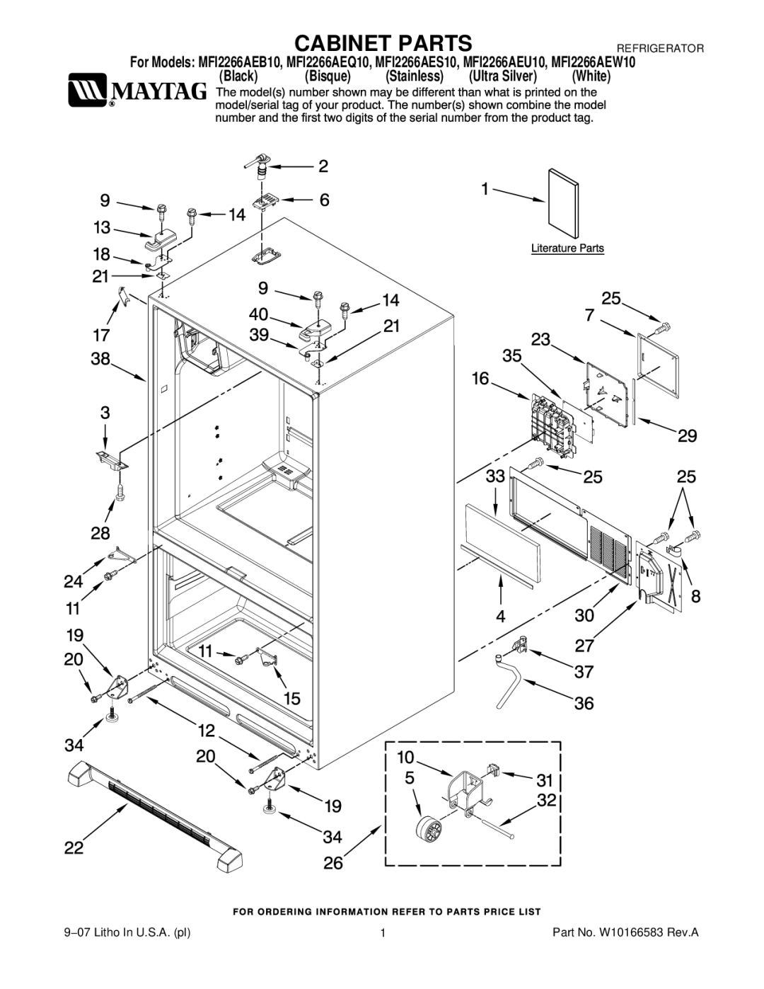 Maytag MFI2266AES10, MFI2266AEW10, MFI2266AEU10, MFI2266AEQ10, MFI2266AEB10 manual Cabinet Parts 