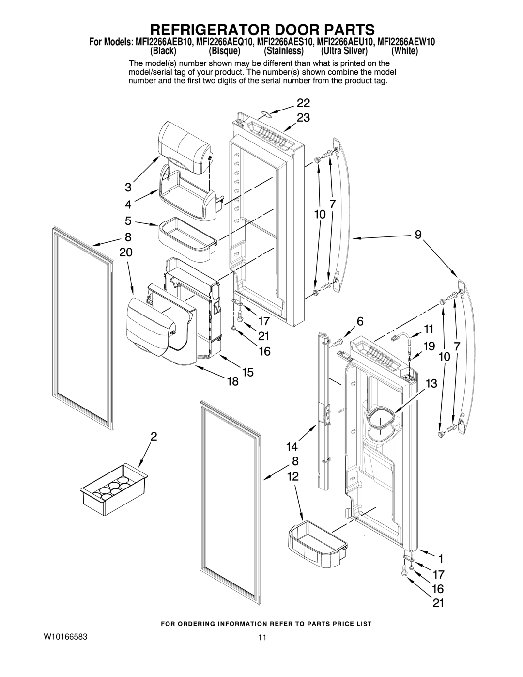 Maytag MFI2266AES10, MFI2266AEW10, MFI2266AEU10, MFI2266AEQ10, MFI2266AEB10 manual Refrigerator Door Parts 