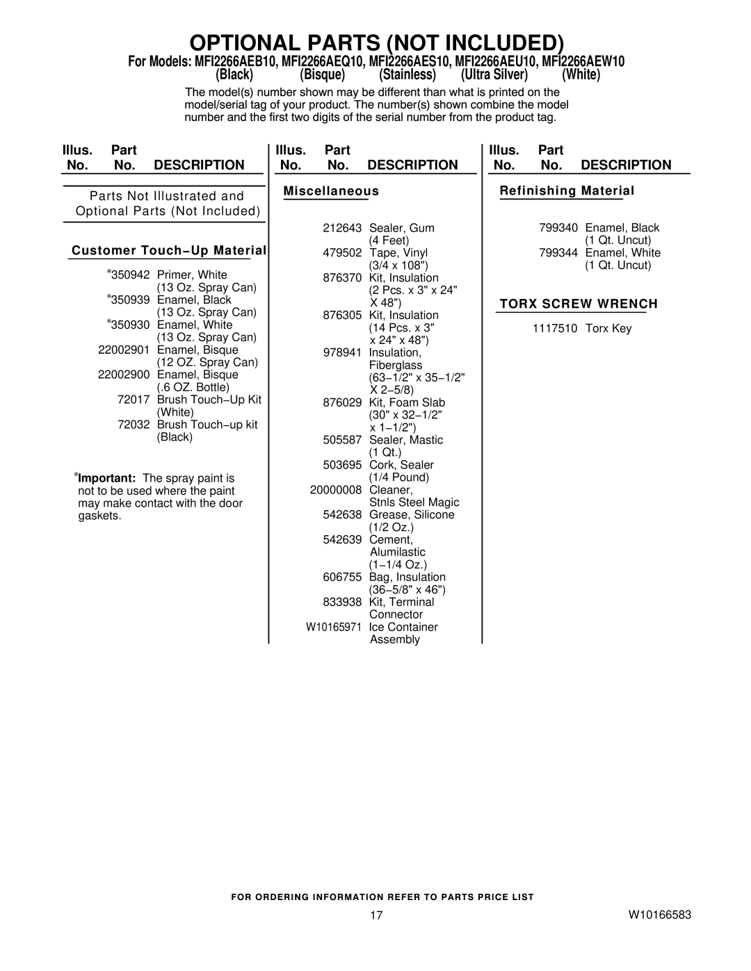 Maytag MFI2266AEU10, MFI2266AEW10, MFI2266AES10, MFI2266AEQ10 manual Optional Parts not Included, Customer Touch−Up Material 