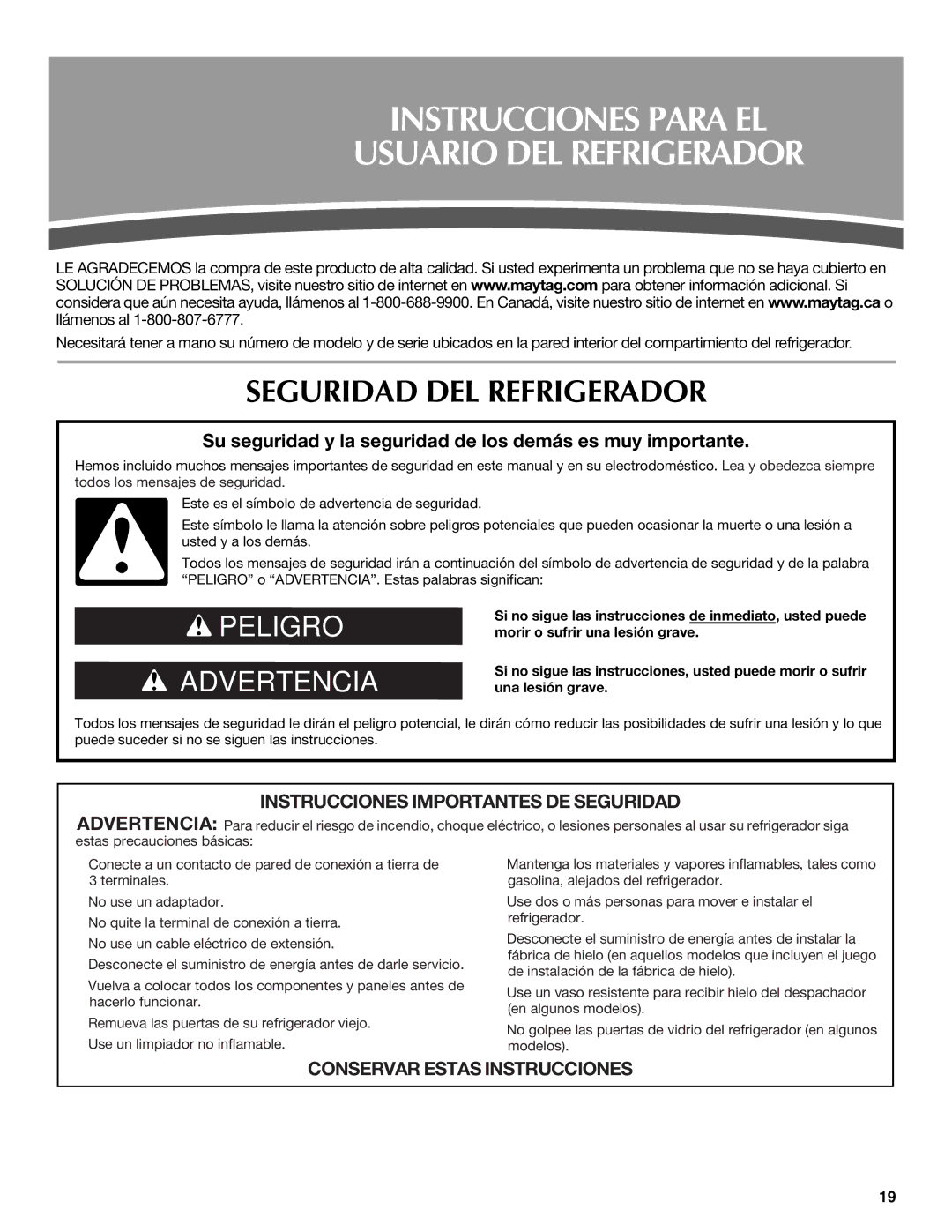 Maytag MFI2269VEM installation instructions Instrucciones Para EL Usuario DEL Refrigerador, Seguridad DEL Refrigerador 