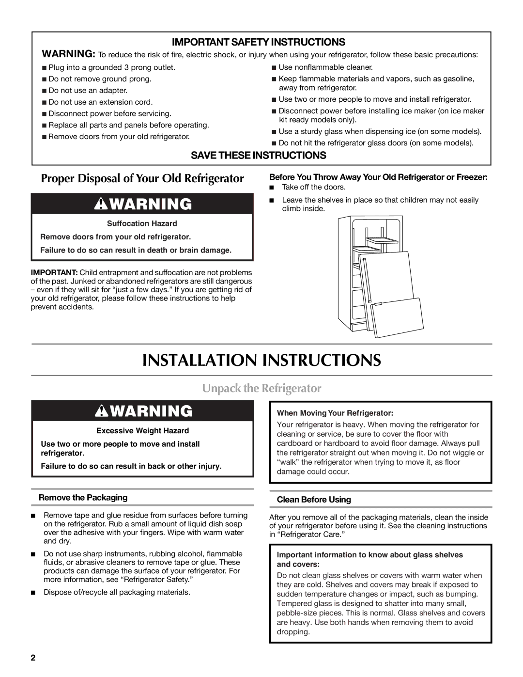 Maytag MFI2269VEM Installation Instructions, Unpack the Refrigerator, Remove the Packaging, Clean Before Using 