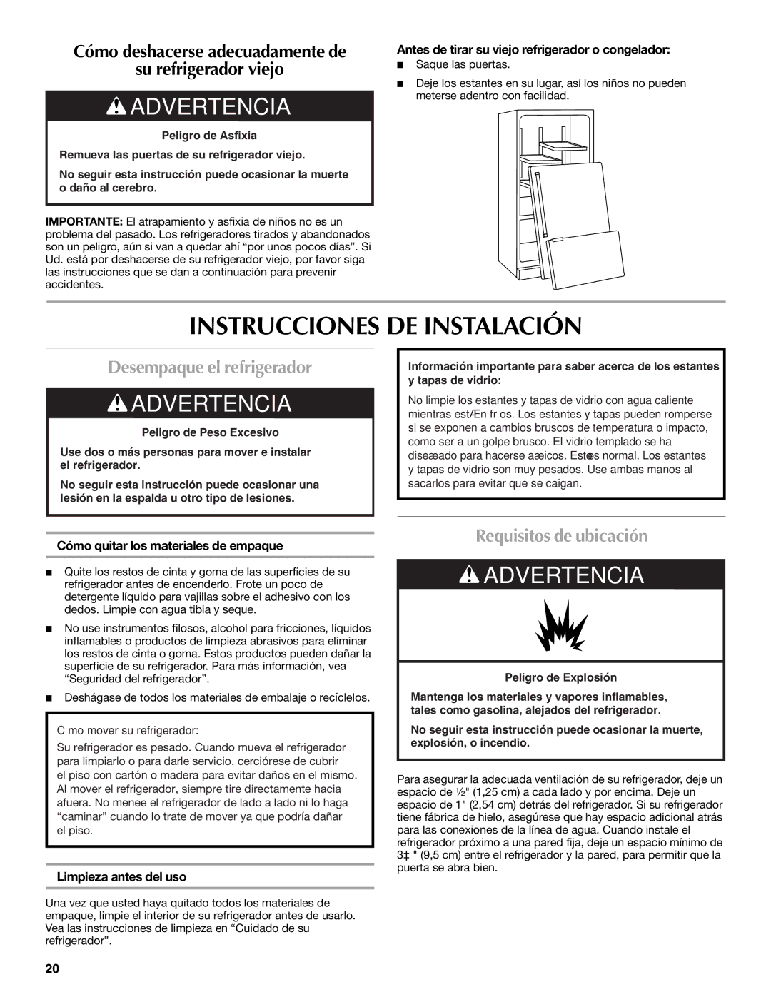 Maytag MFI2269VEM Instrucciones DE Instalación, Desempaque el refrigerador, Requisitos de ubicación 