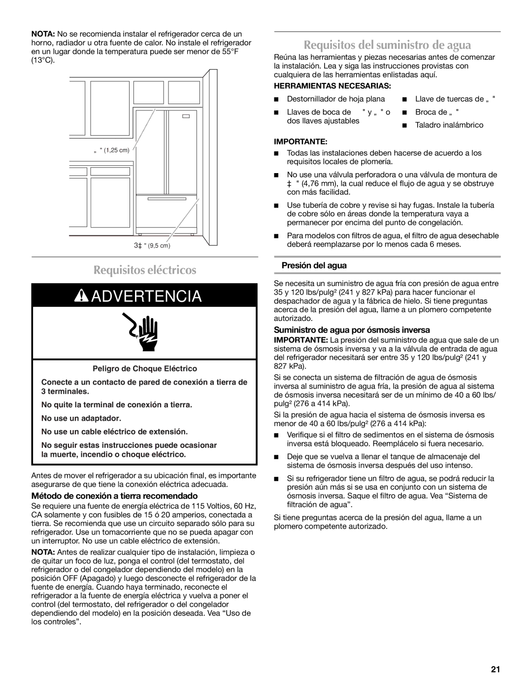 Maytag MFI2269VEM Requisitos del suministro de agua, Requisitos eléctricos, Método de conexión a tierra recomendado 