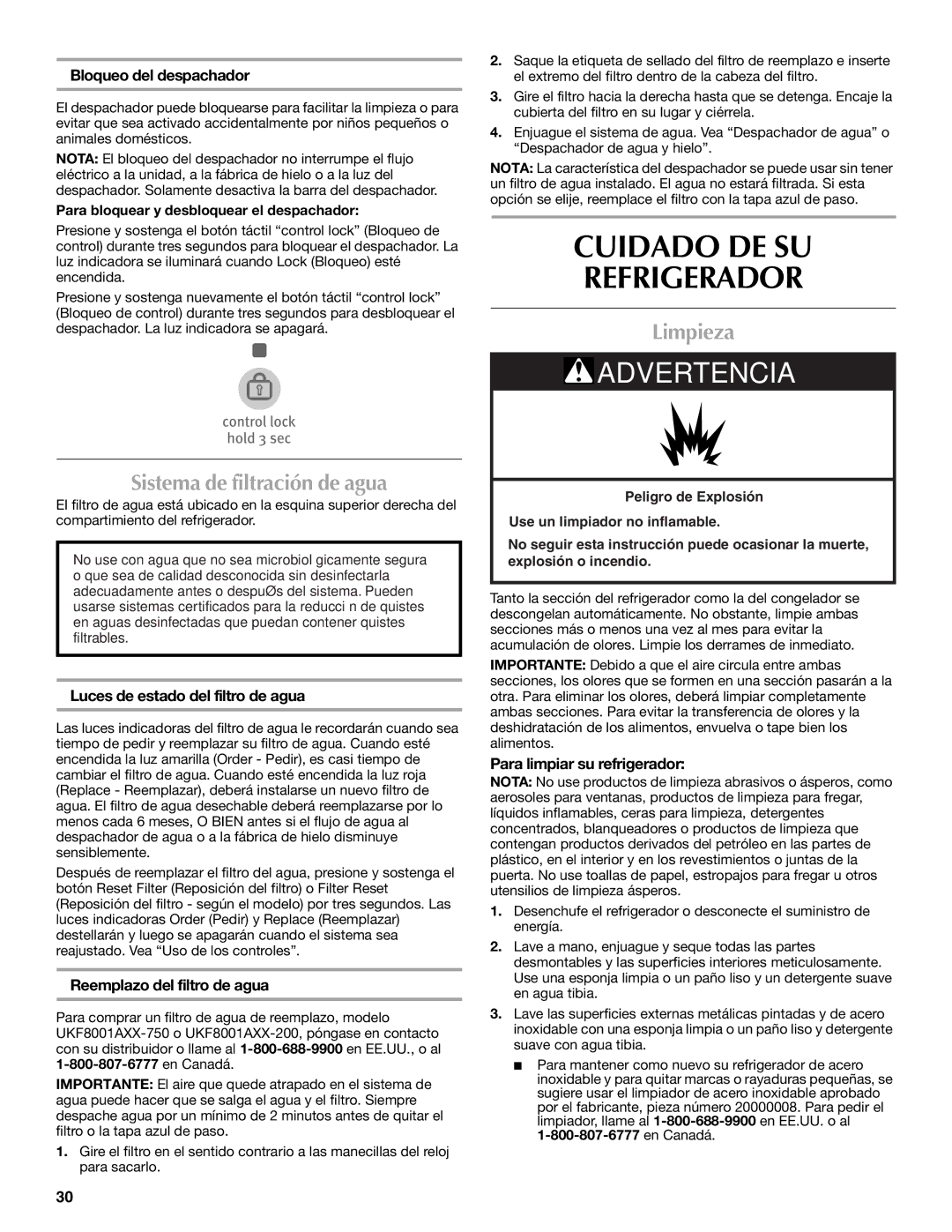 Maytag MFI2269VEM installation instructions Cuidado DE SU Refrigerador, Sistema de filtración de agua, Limpieza 