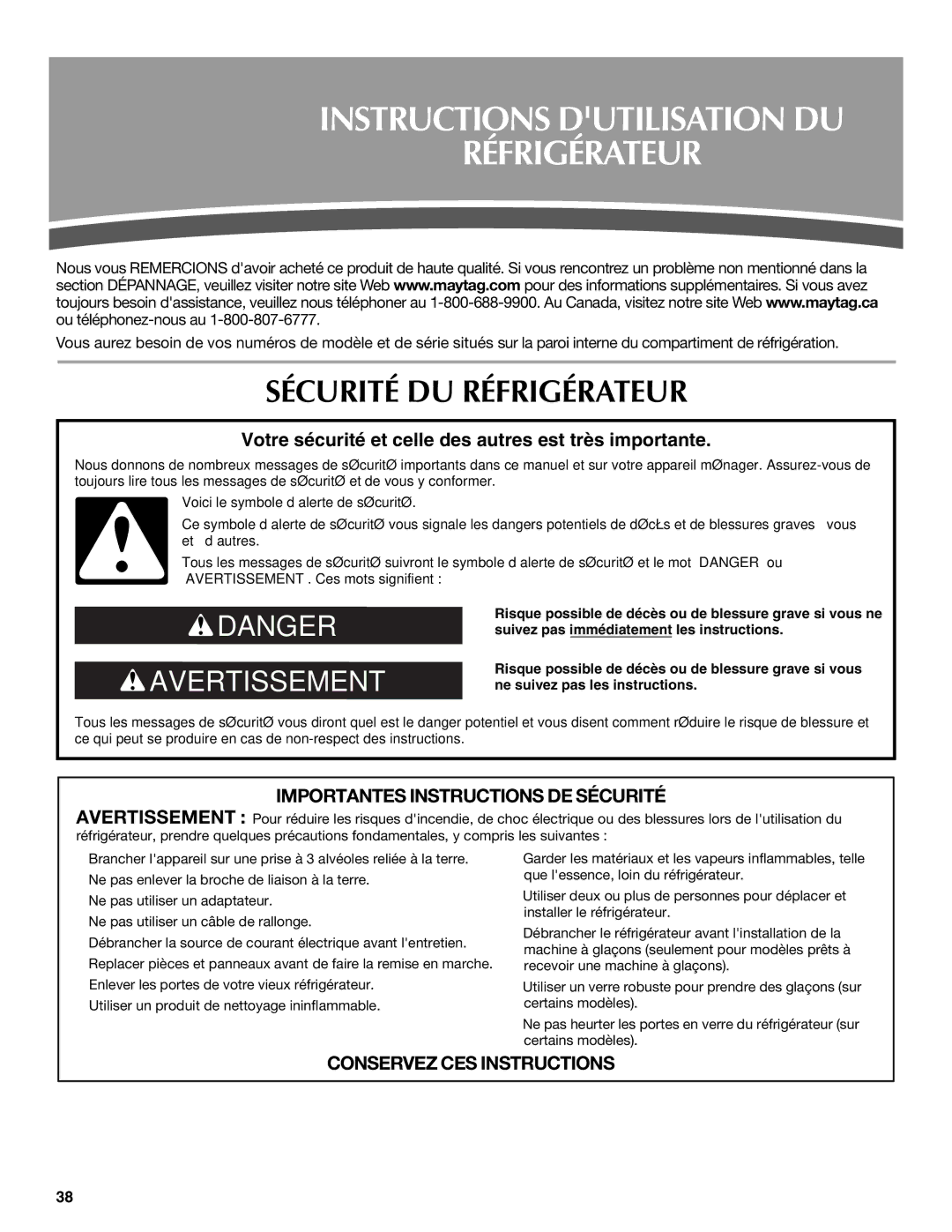 Maytag MFI2269VEM installation instructions Instructions Dutilisation DU Réfrigérateur, Sécurité DU Réfrigérateur 