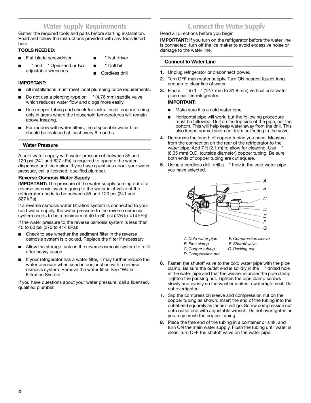 Maytag MFI2269VEM Water Supply Requirements, Connect the Water Supply, Water Pressure, Reverse Osmosis Water Supply 