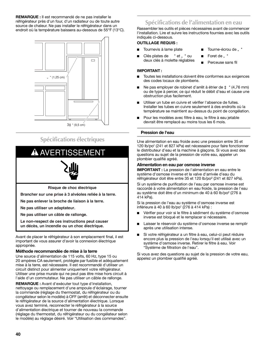 Maytag MFI2269VEM Spécifications électriques, Spécifications de l’alimentation en eau, Pression de leau 