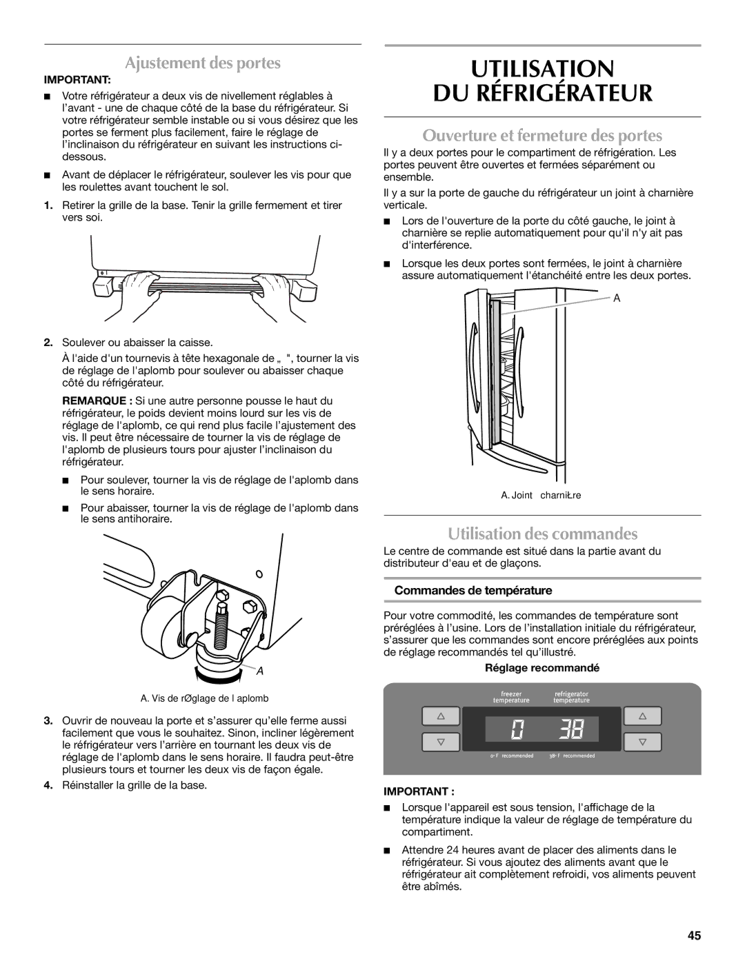 Maytag MFI2269VEM Utilisation DU Réfrigérateur, Ajustement des portes, Ouverture et fermeture des portes 