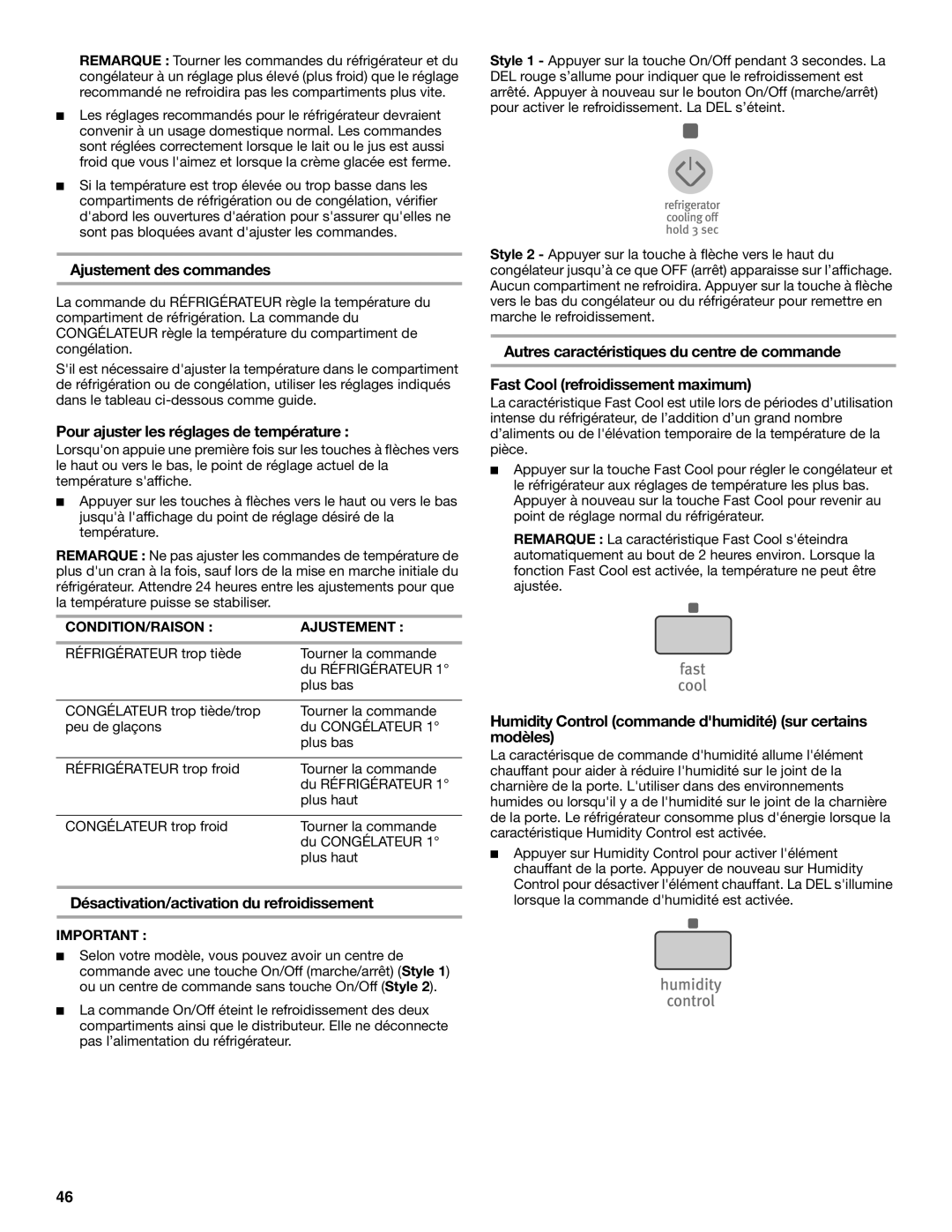 Maytag MFI2269VEM Ajustement des commandes, Pour ajuster les réglages de température, CONDITION/RAISON Ajustement 