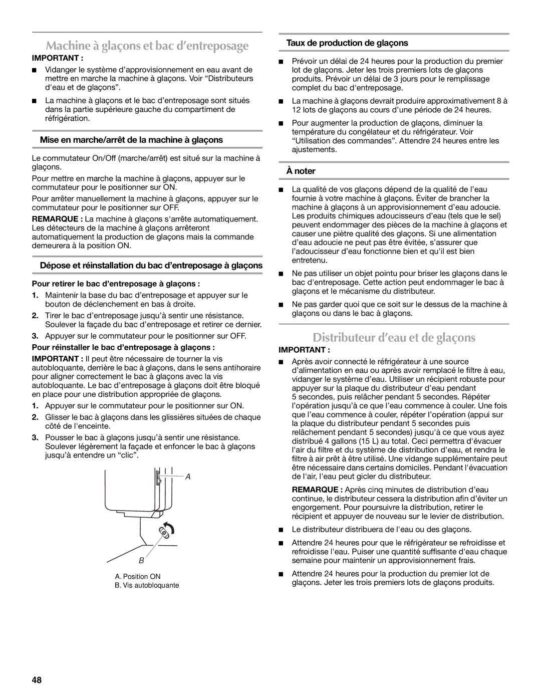 Maytag MFI2269VEM installation instructions Distributeur d’eau et de glaçons, Mise en marche/arrêt de la machine à glaçons 