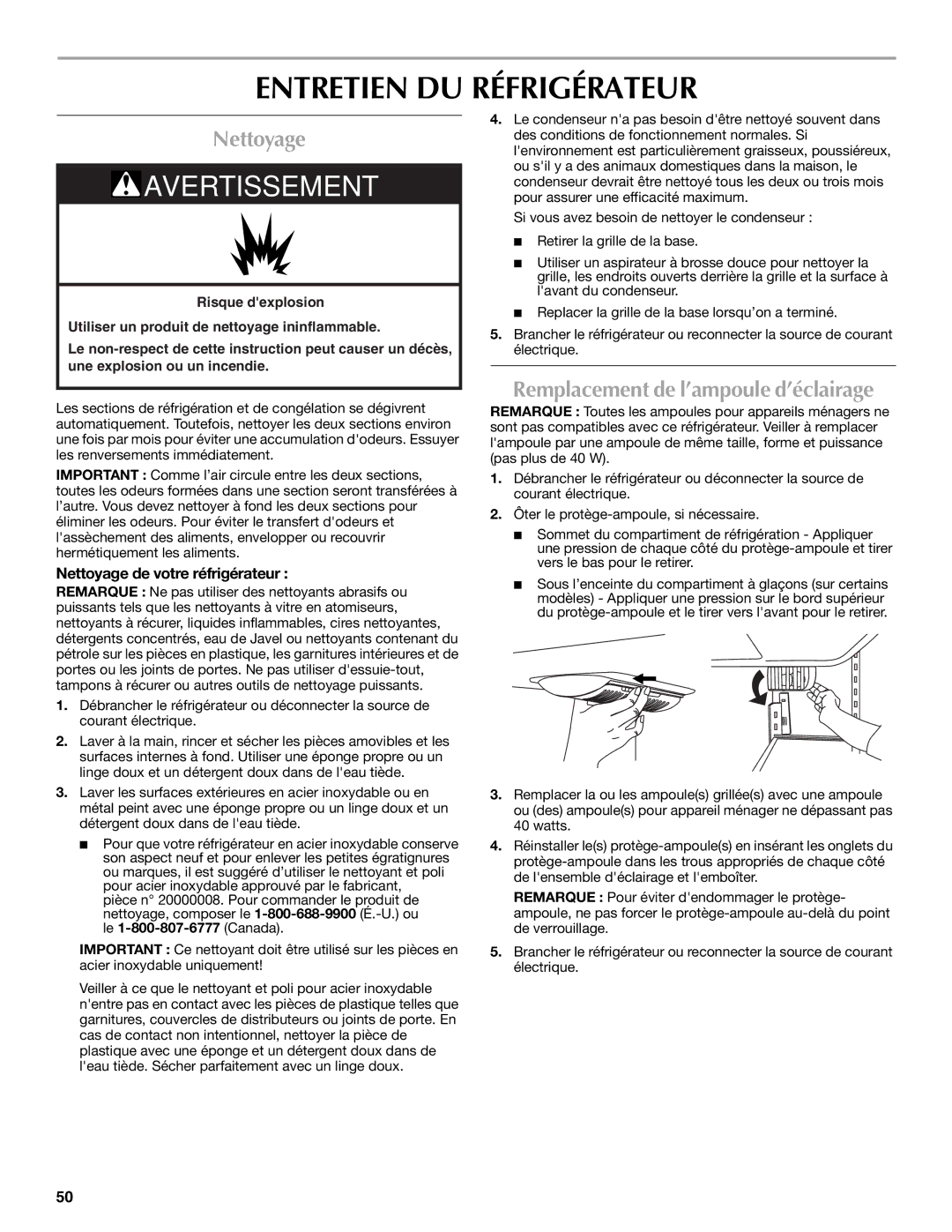 Maytag MFI2269VEM installation instructions Entretien DU Réfrigérateur, Nettoyage, Remplacement de l’ampoule d’éclairage 