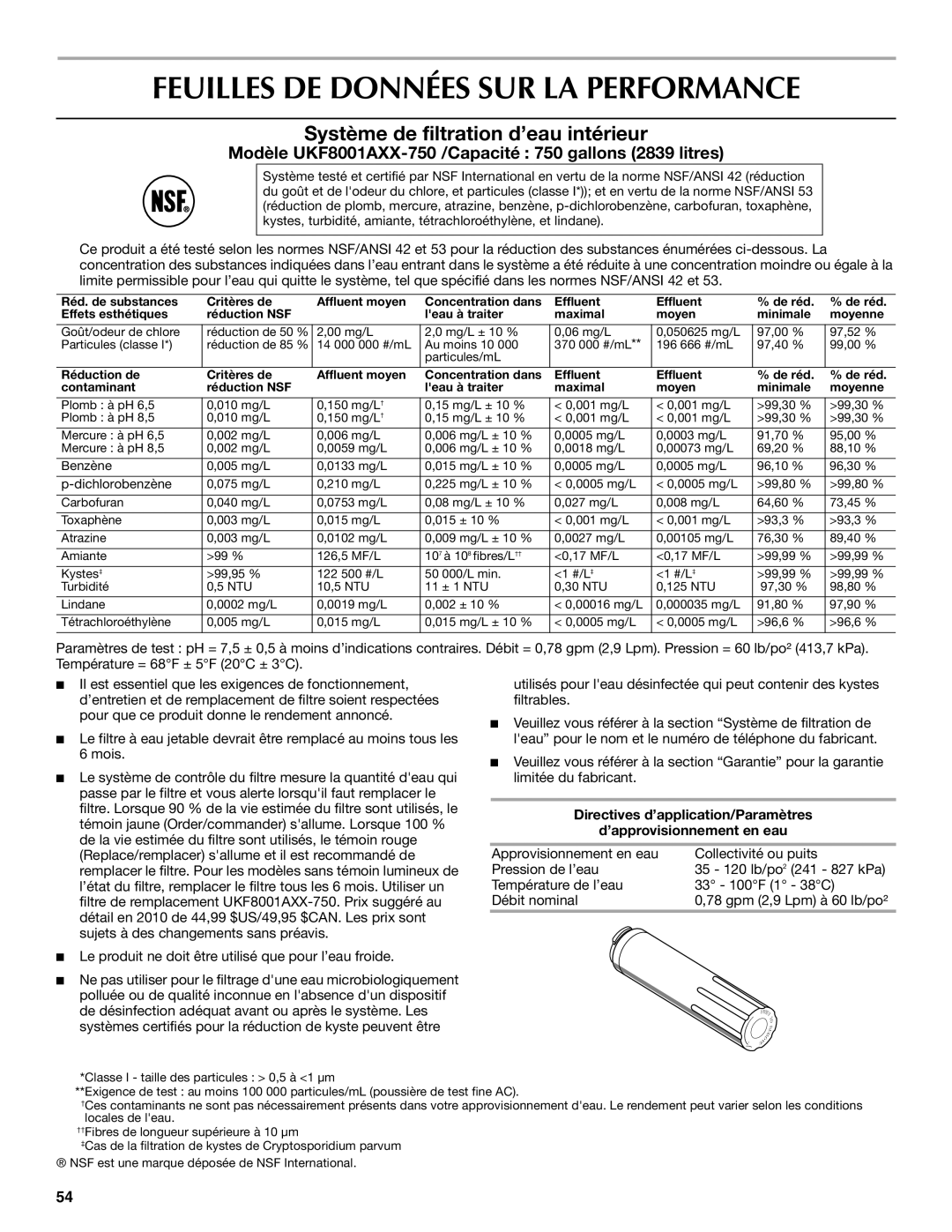 Maytag MFI2269VEM installation instructions Feuilles DE Données SUR LA Performance, Système de filtration d’eau intérieur 