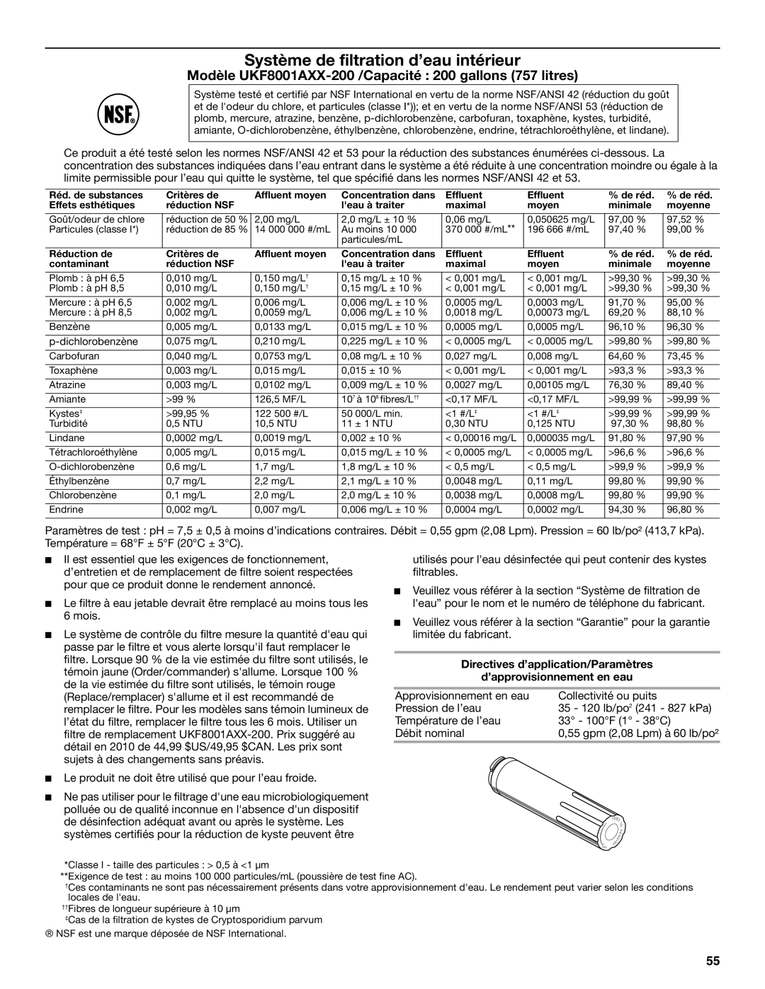 Maytag MFI2269VEM installation instructions Modèle UKF8001AXX-200 /Capacité 200 gallons 757 litres 