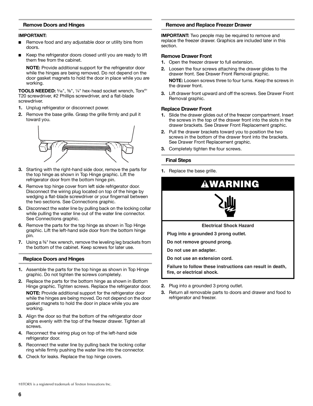 Maytag MFI2269VEM Remove Doors and Hinges, Replace Doors and Hinges, Remove and Replace Freezer Drawer, Final Steps 