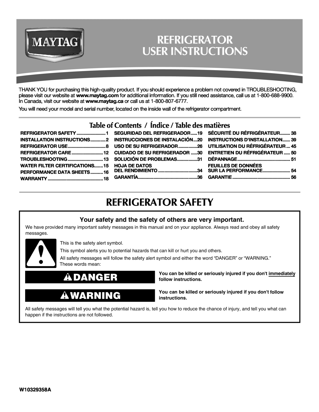 Maytag MFI2269VEM installation instructions Refrigerator User Instructions, Refrigerator Safety, Danger, W10329358A 