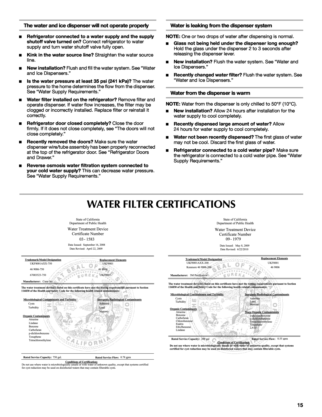 Maytag MFI2269VEM Water Filter Certifications, The water and ice dispenser will not operate properly 