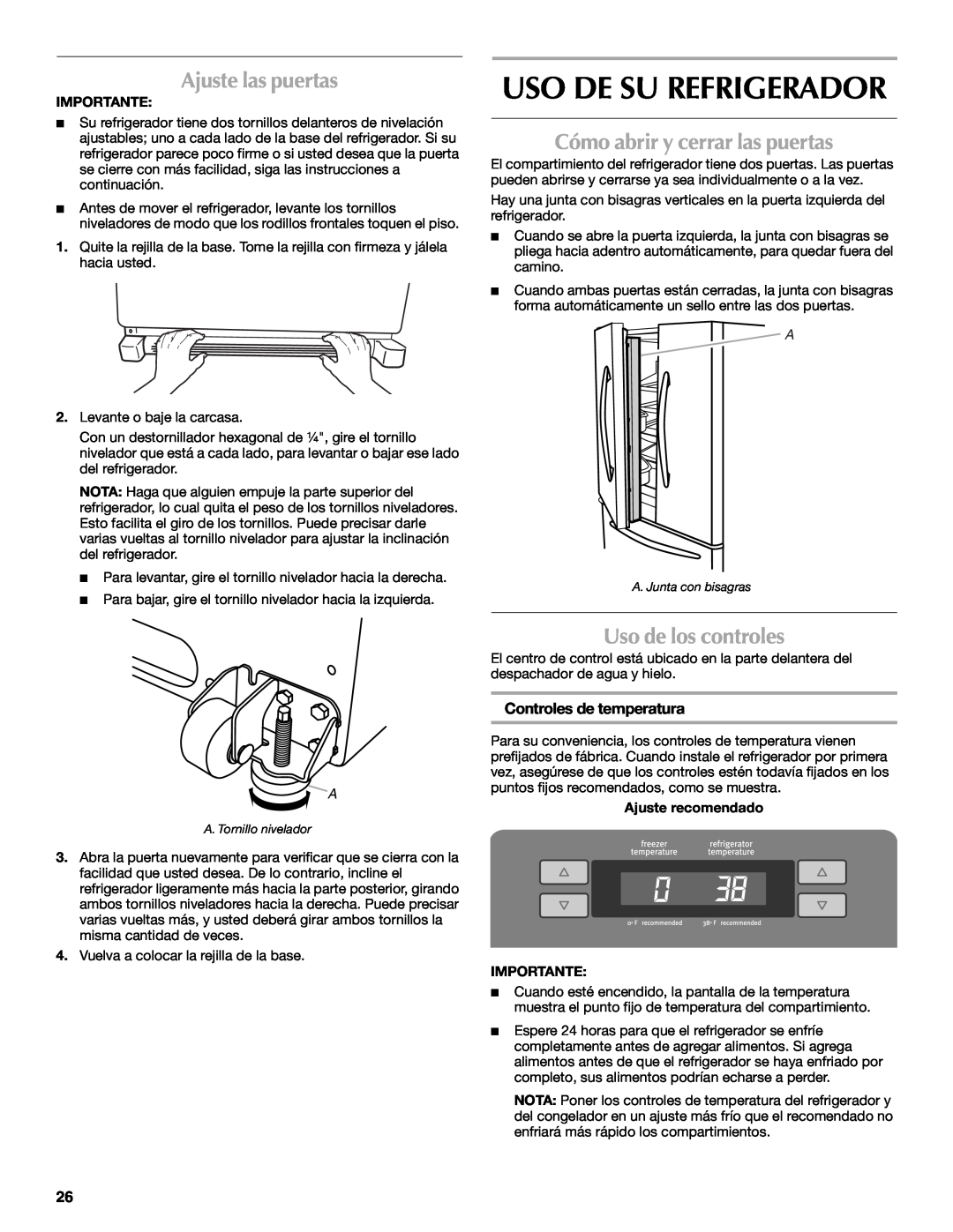 Maytag MFI2269VEM Uso De Su Refrigerador, Ajuste las puertas, Cómo abrir y cerrar las puertas, Uso de los controles 