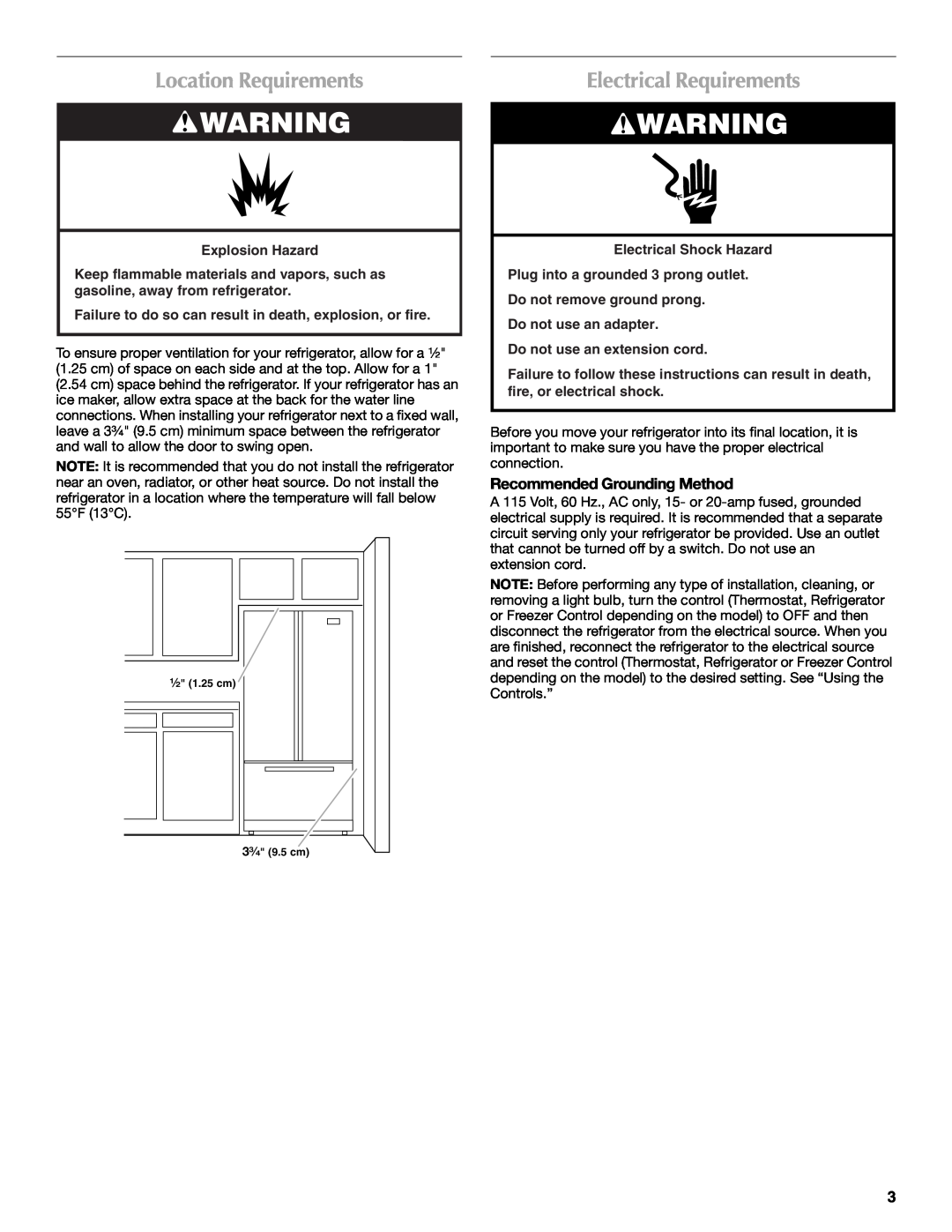 Maytag MFI2269VEM Location Requirements, Electrical Requirements, Recommended Grounding Method, Explosion Hazard 