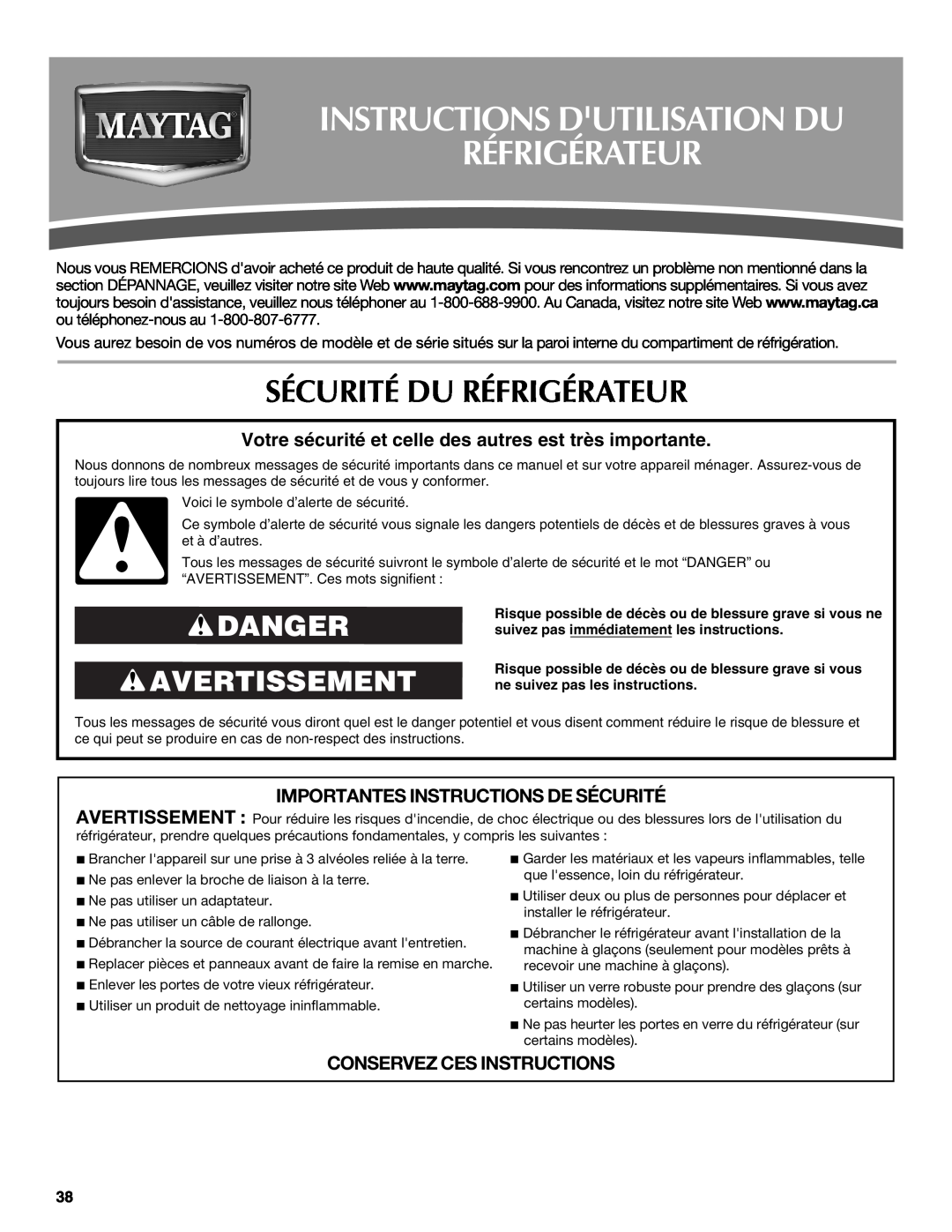 Maytag MFI2269VEM Instructions Dutilisation Du Réfrigérateur, Sécurité Du Réfrigérateur, Danger Avertissement 