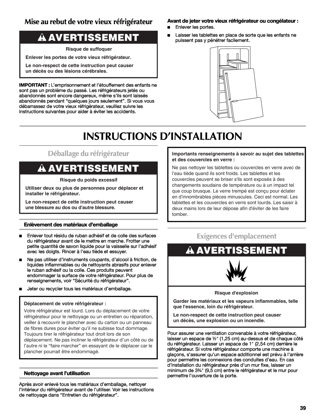 Maytag MFI2269VEM Instructions D’Installation, Avertissement, Déballage du réfrigérateur, Exigences demplacement 