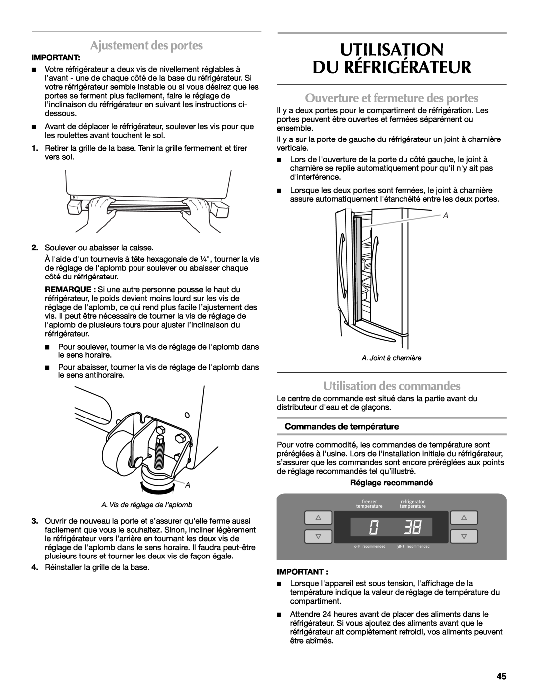 Maytag MFI2269VEM Utilisation Du Réfrigérateur, Ajustement des portes, Ouverture et fermeture des portes 