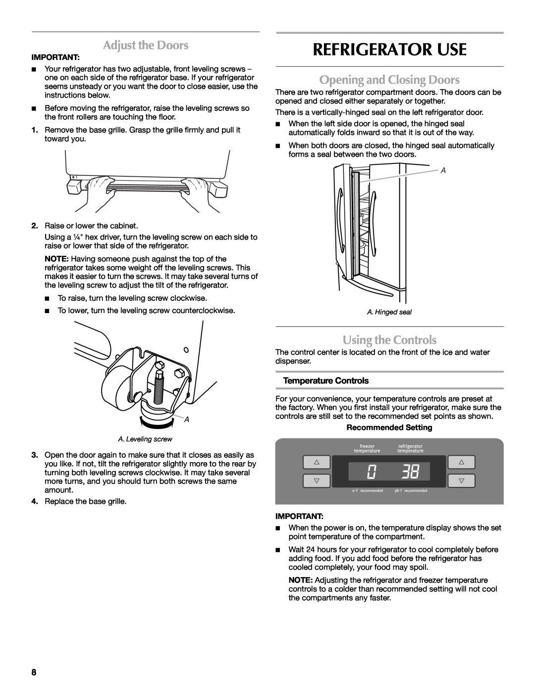 Maytag MFI2269VEM Refrigerator Use, Adjust the Doors, Opening and Closing Doors, Using the Controls, Temperature Controls 