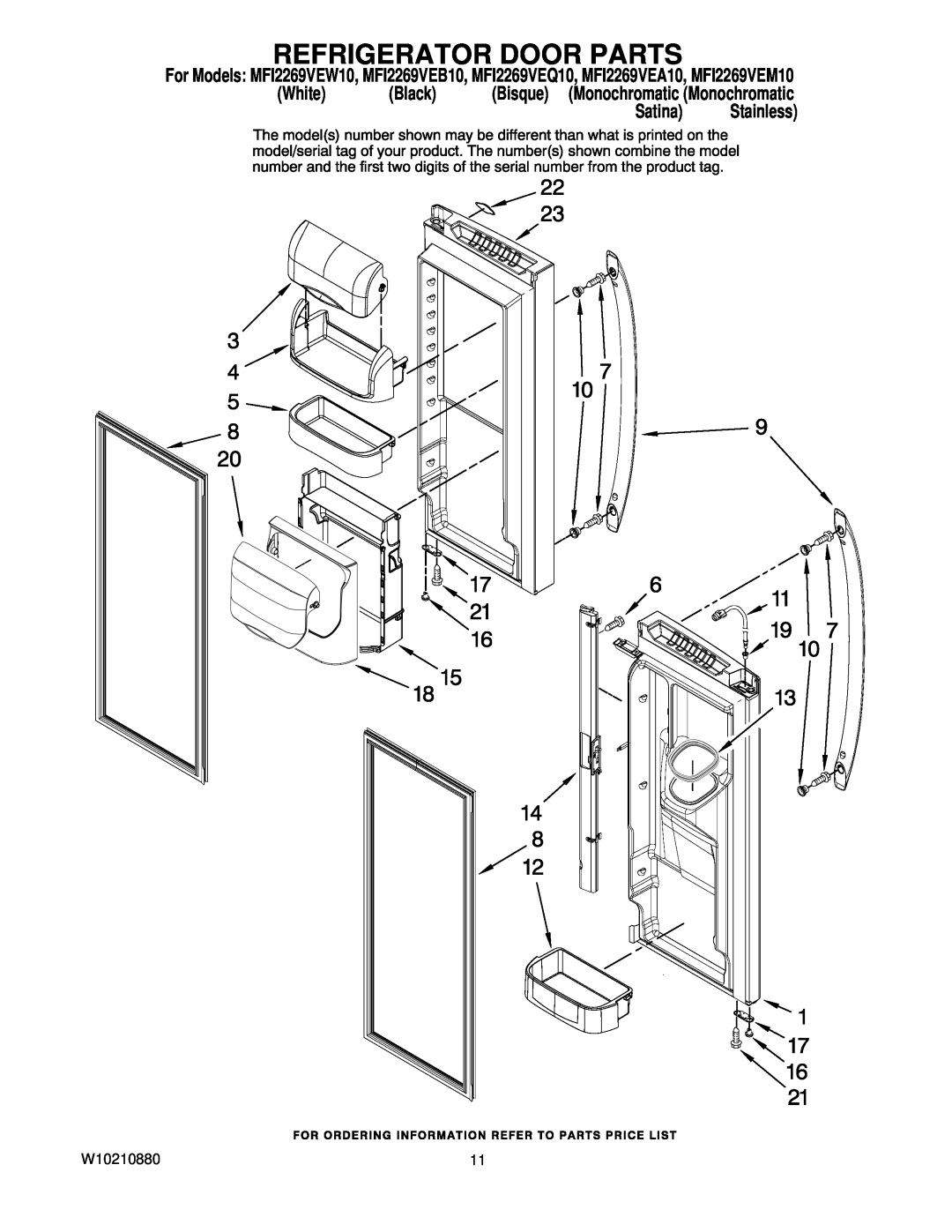Maytag MFI2269VEA10 Refrigerator Door Parts, White Black Bisque Monochromatic Monochromatic, Satina Stainless, W10210880 