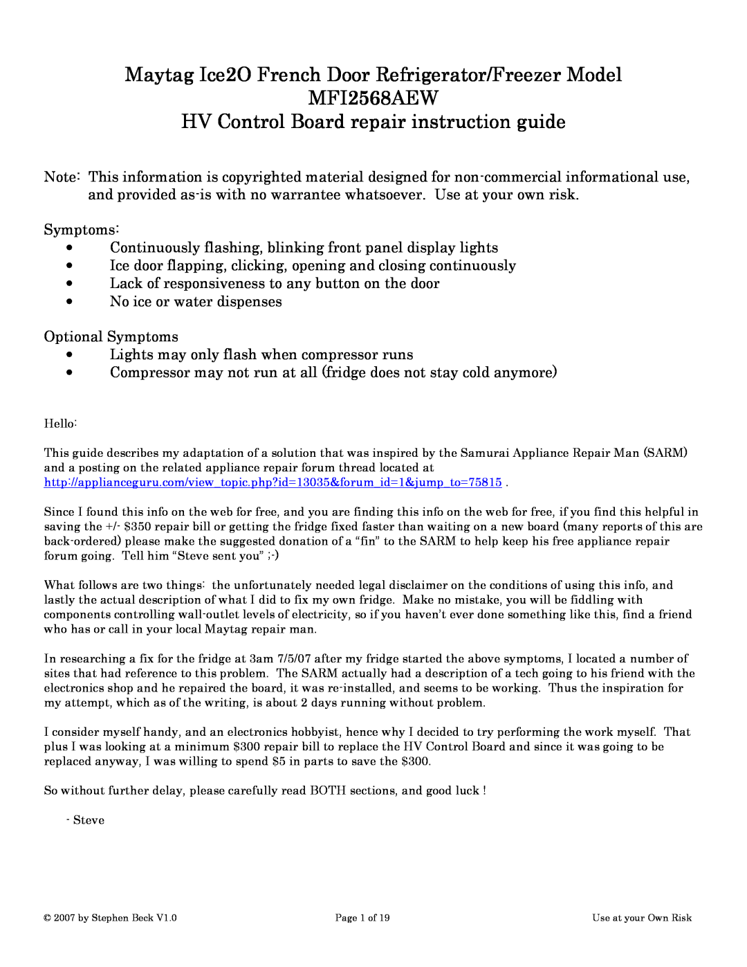 Maytag MFI2568AEW manual HV Control Board repair instruction guide 