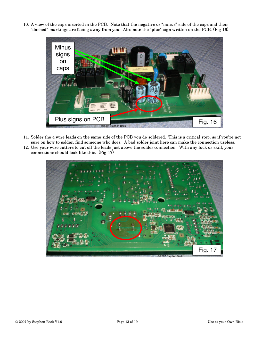 Maytag MFI2568AEW manual Minus signs on caps Plus signs on PCB, by Stephen Beck, Page 13 of, Use at your Own Risk 