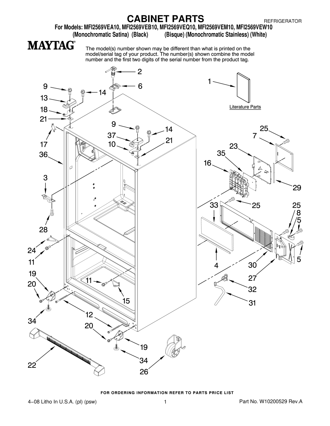 Maytag MFI2569VEW10, MFI2569VEB10, MFI2569VEQ10, MFI2569VEA10, MFI2569VEM10 manual Cabinet Parts 