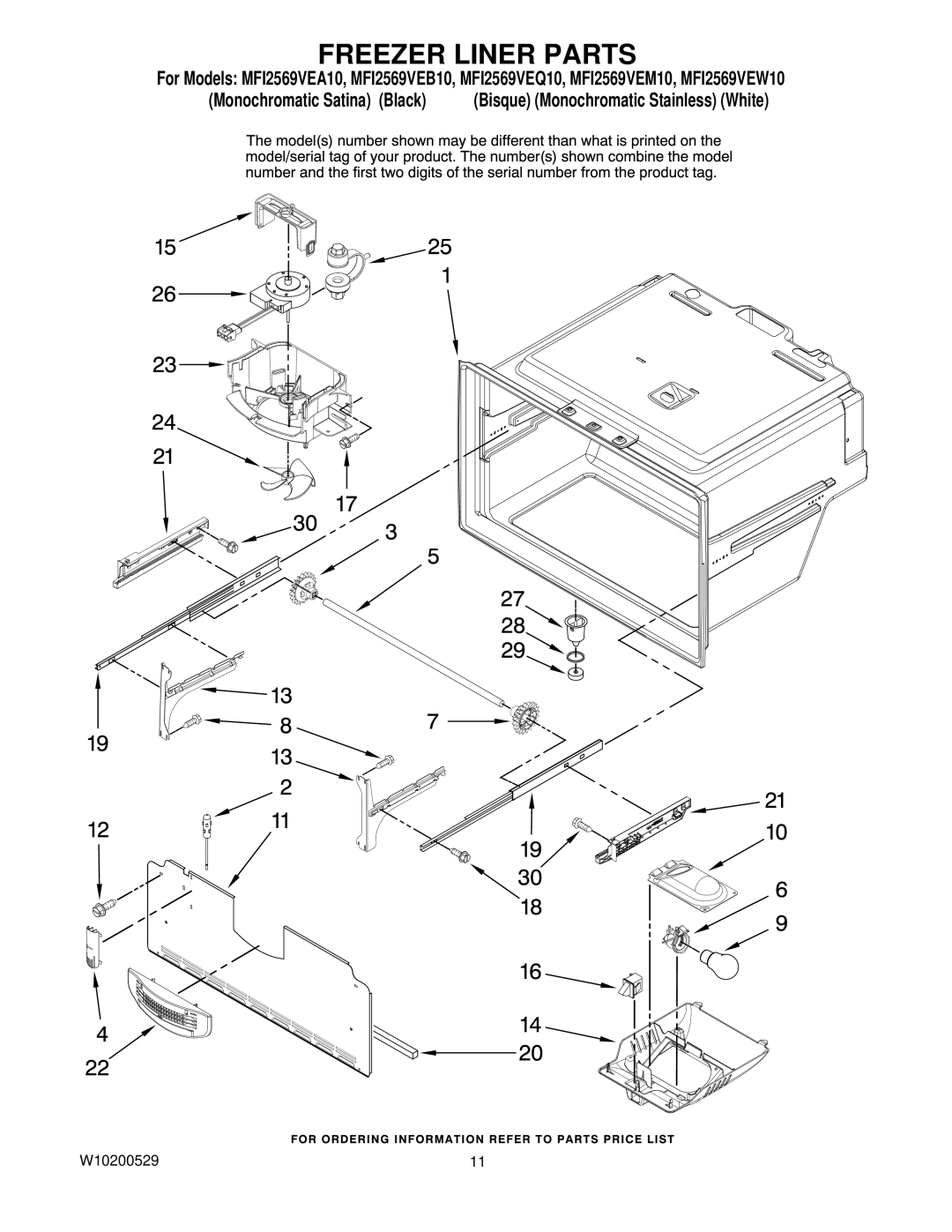 Maytag MFI2569VEW10, MFI2569VEB10, MFI2569VEQ10, MFI2569VEA10, MFI2569VEM10 manual Freezer Liner Parts 