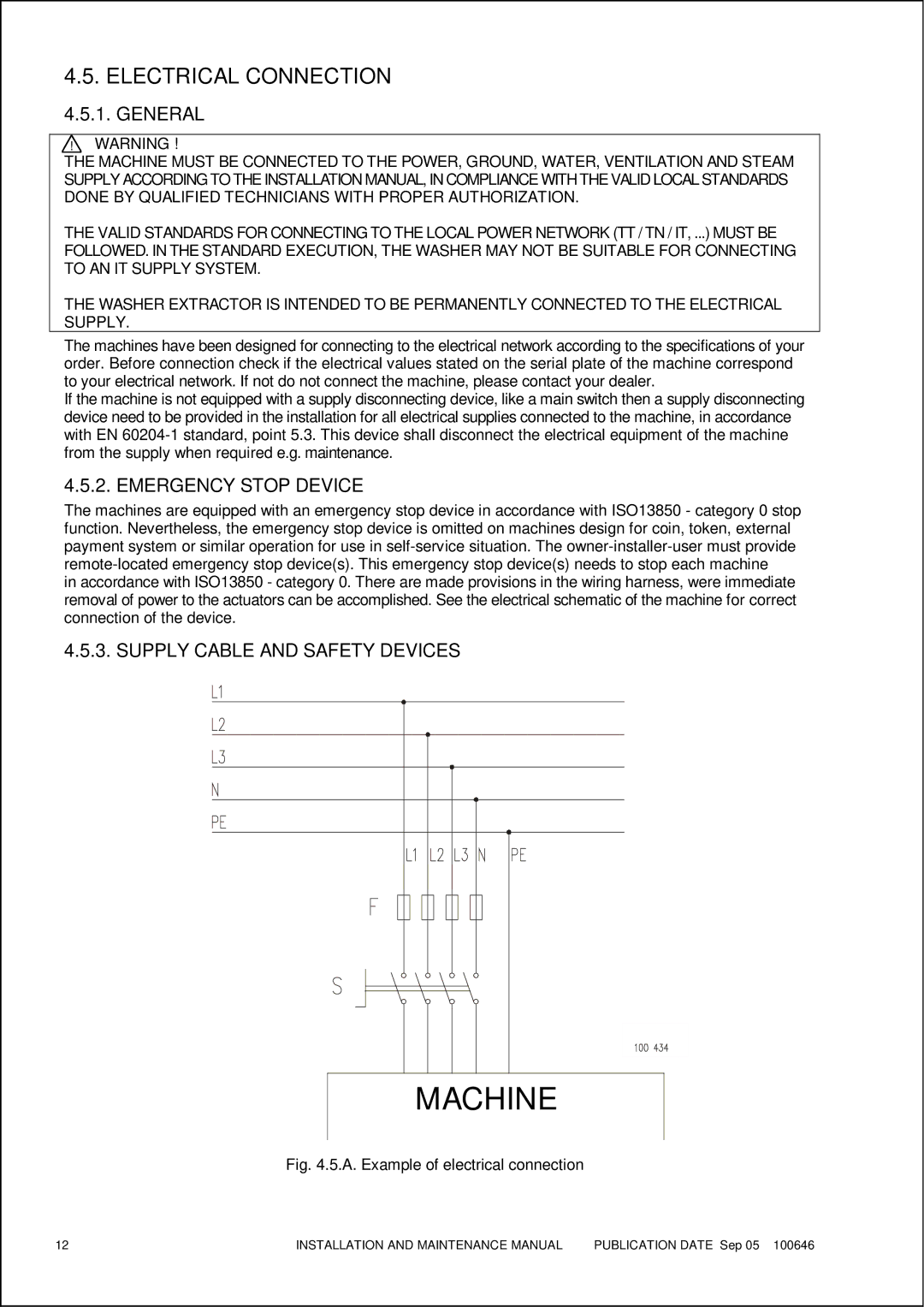 Maytag MFS 25-35 manual Electrical Connection 4.5.1. General, Emergency Stop Device, Supply Cable and Safety Devices 