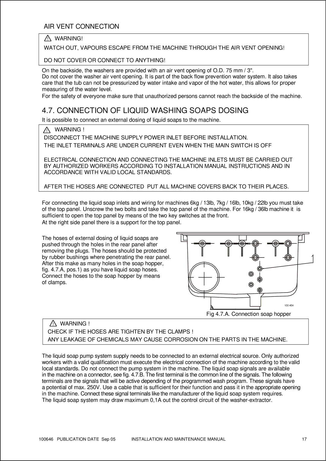 Maytag MFS 25-35 manual Connection of Liquid Washing Soaps Dosing, AIR Vent Connection 