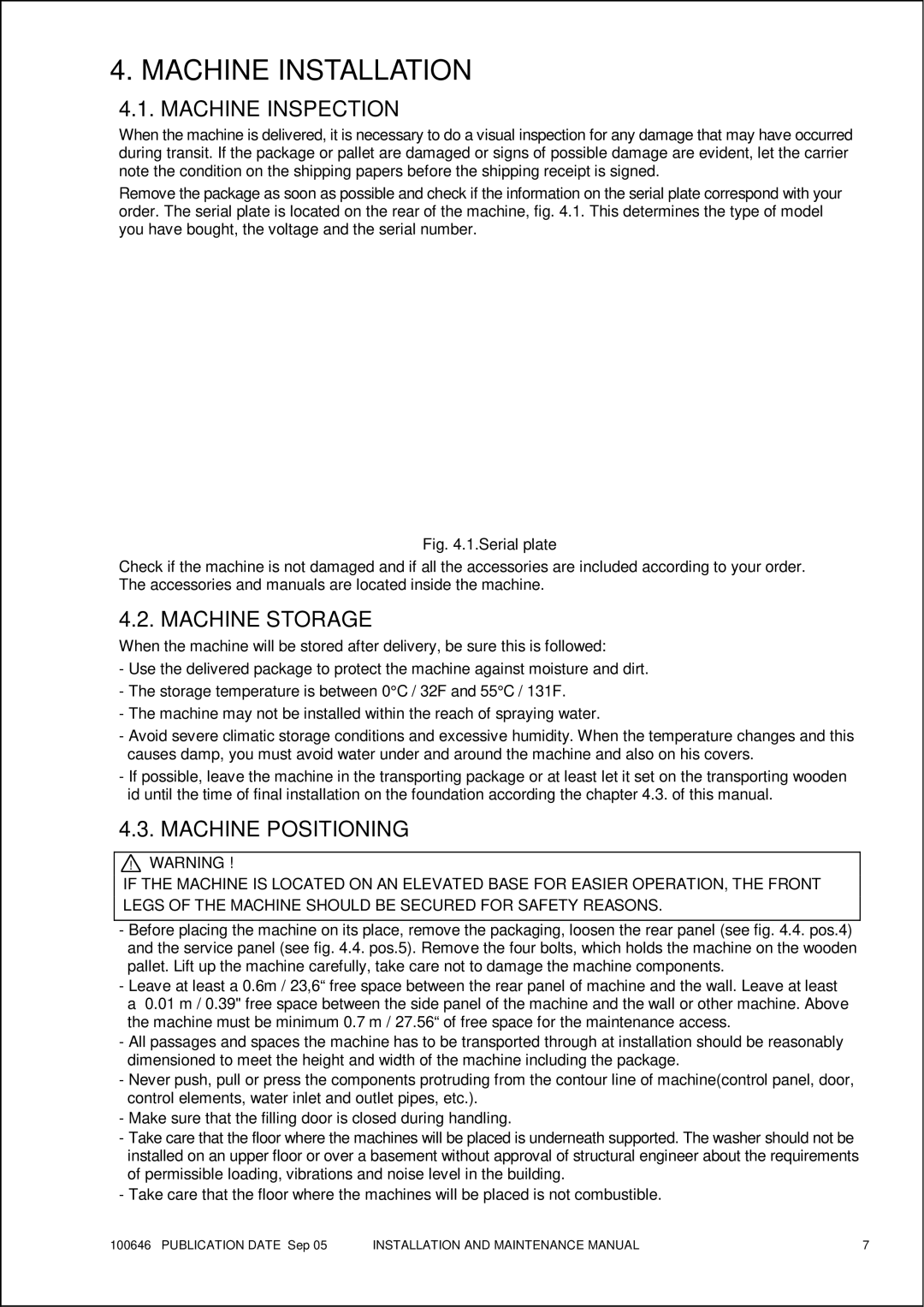 Maytag MFS 25-35 manual Machine Installation, Machine Inspection, Machine Storage, Machine Positioning 