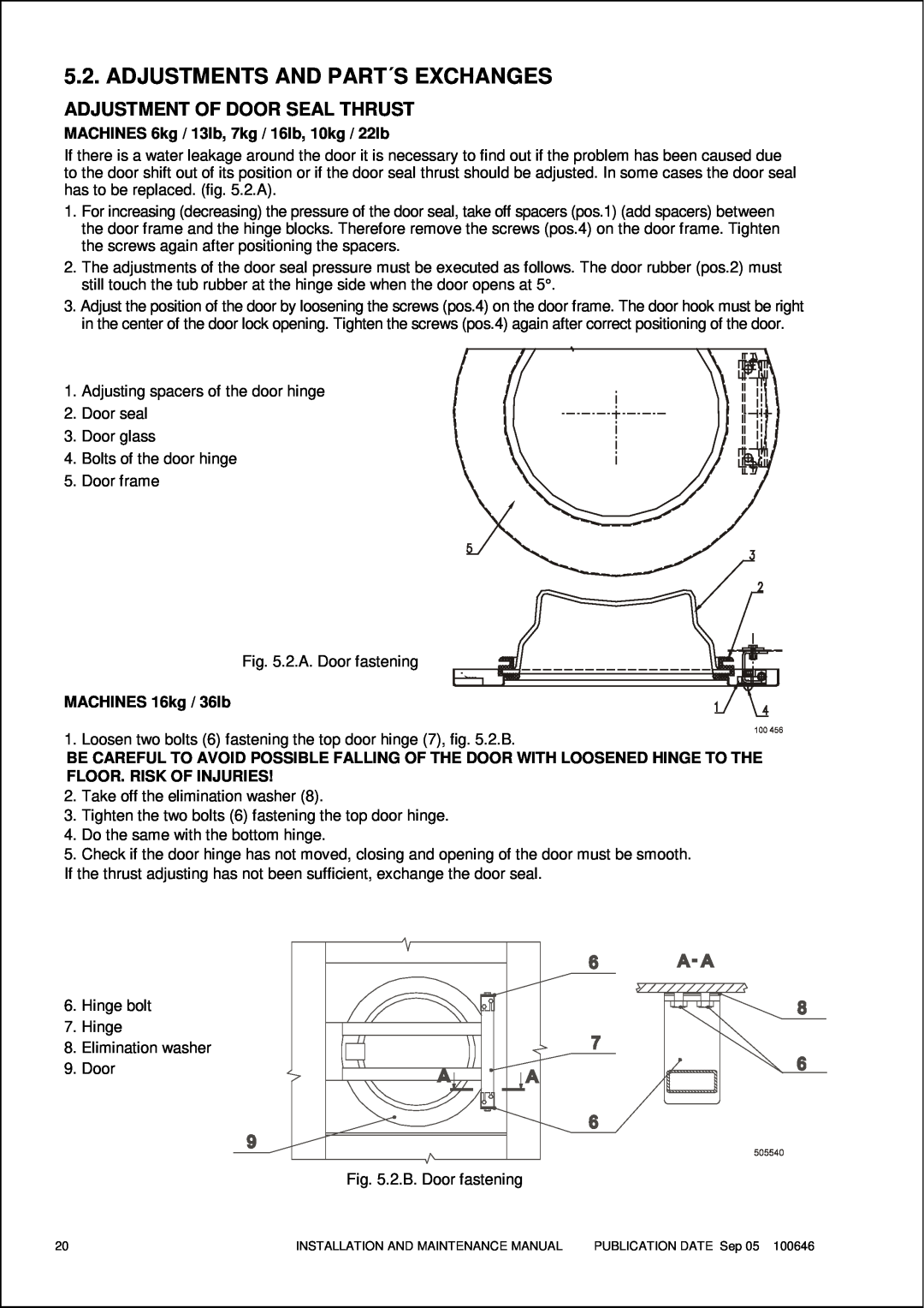 Maytag MFS 25-35 manual Adjustments And Part´S Exchanges, Adjustment Of Door Seal Thrust 
